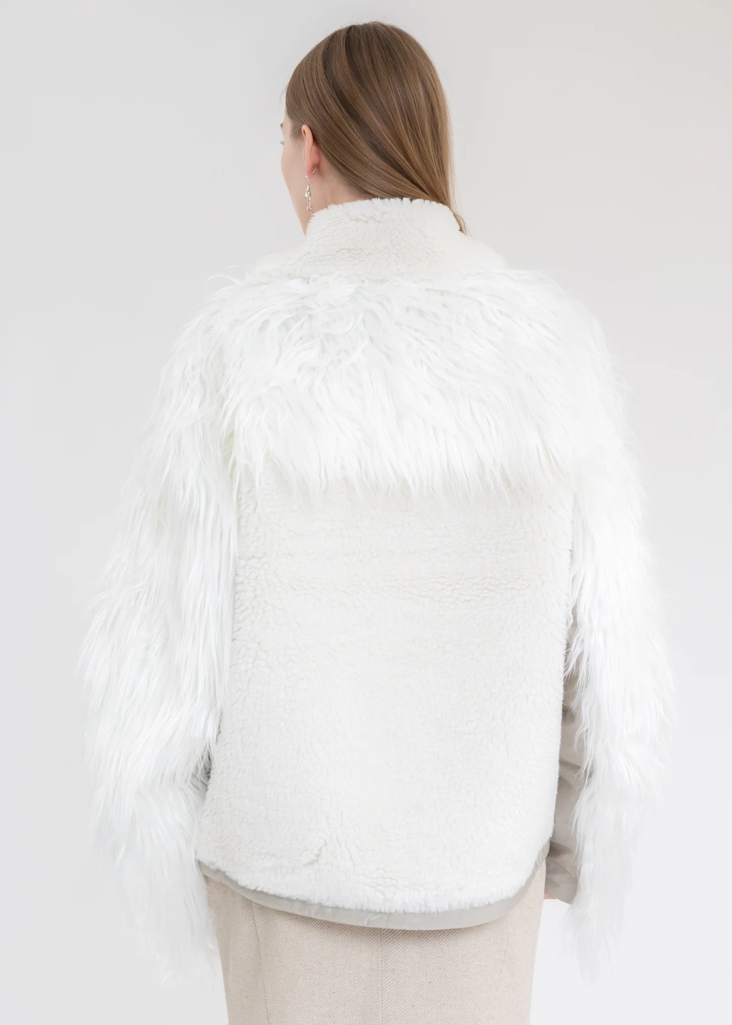 White Faux Fur Metal Embellishment Fleece Jacket - Image 2