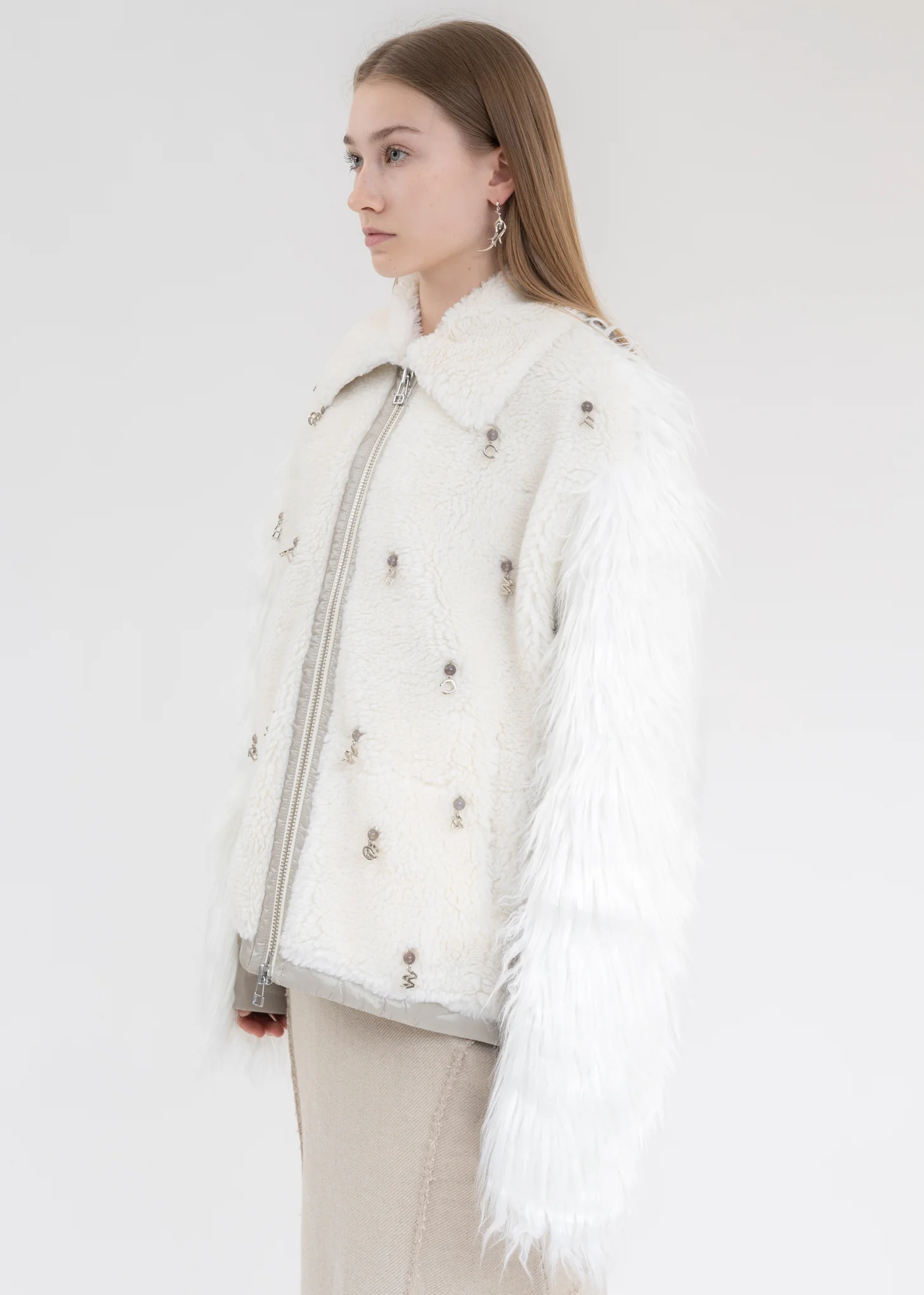 White Faux Fur Metal Embellishment Fleece Jacket - Image 3