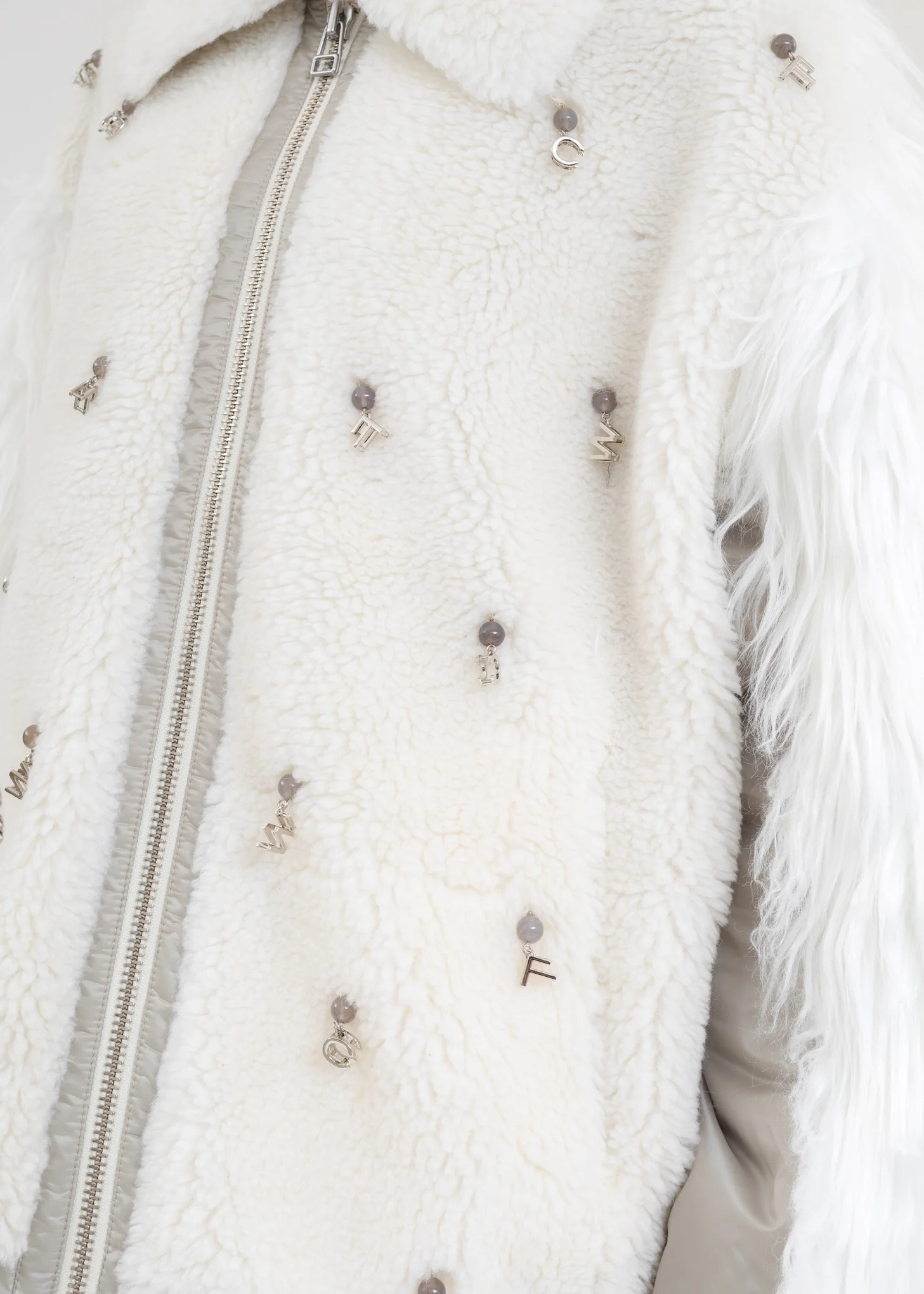 White Faux Fur Metal Embellishment Fleece Jacket - Image 4