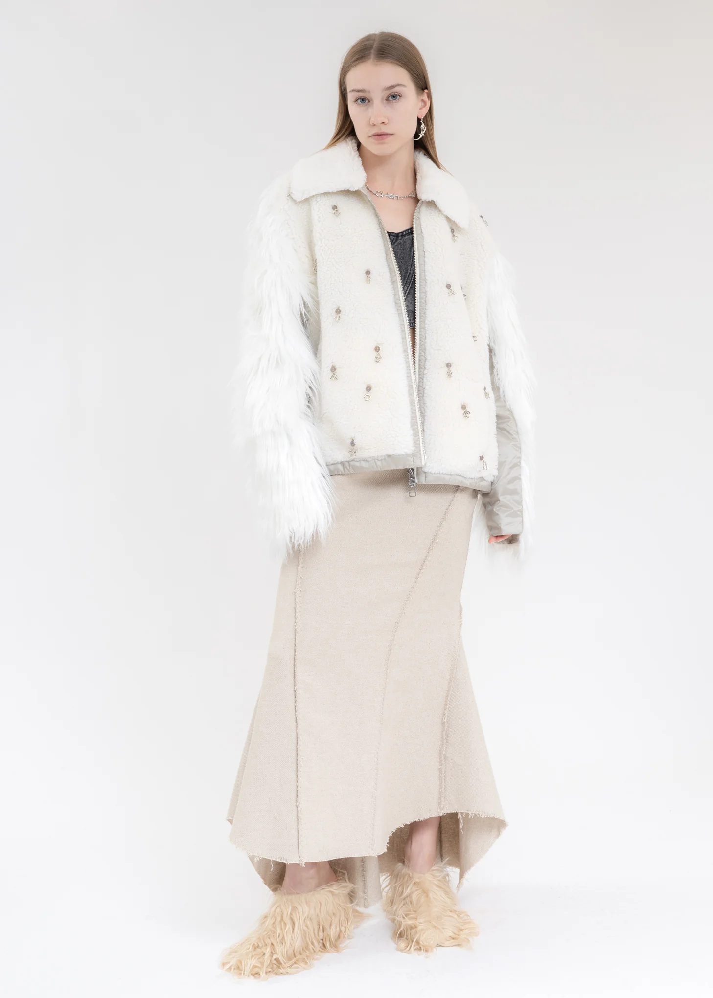 White Faux Fur Metal Embellishment Fleece Jacket - Image 5