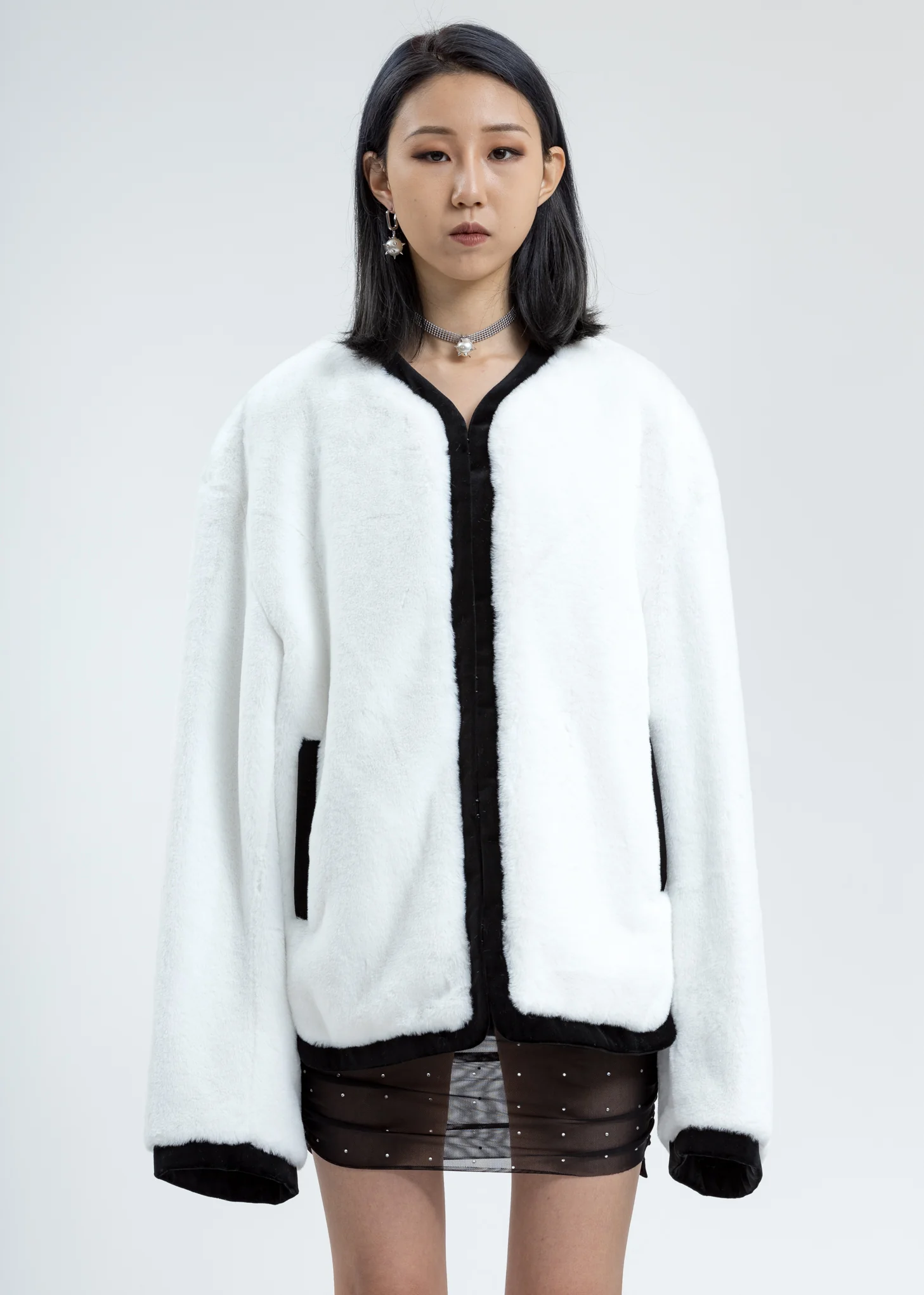 White Faux Fur Round Neck Jacket