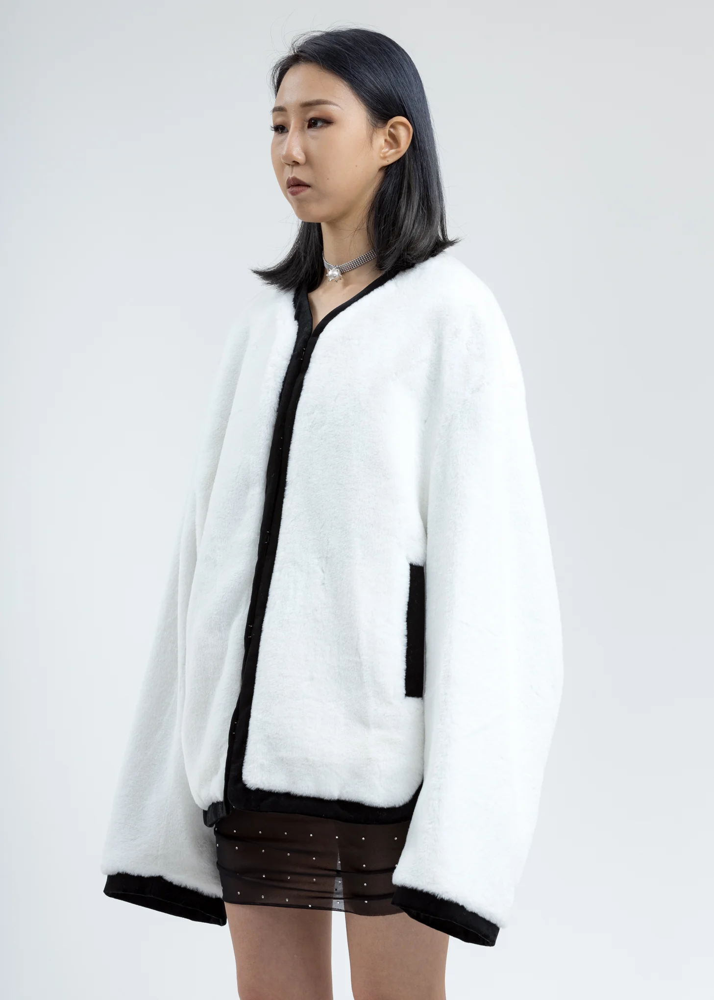 White Faux Fur Round Neck Jacket - Image 3