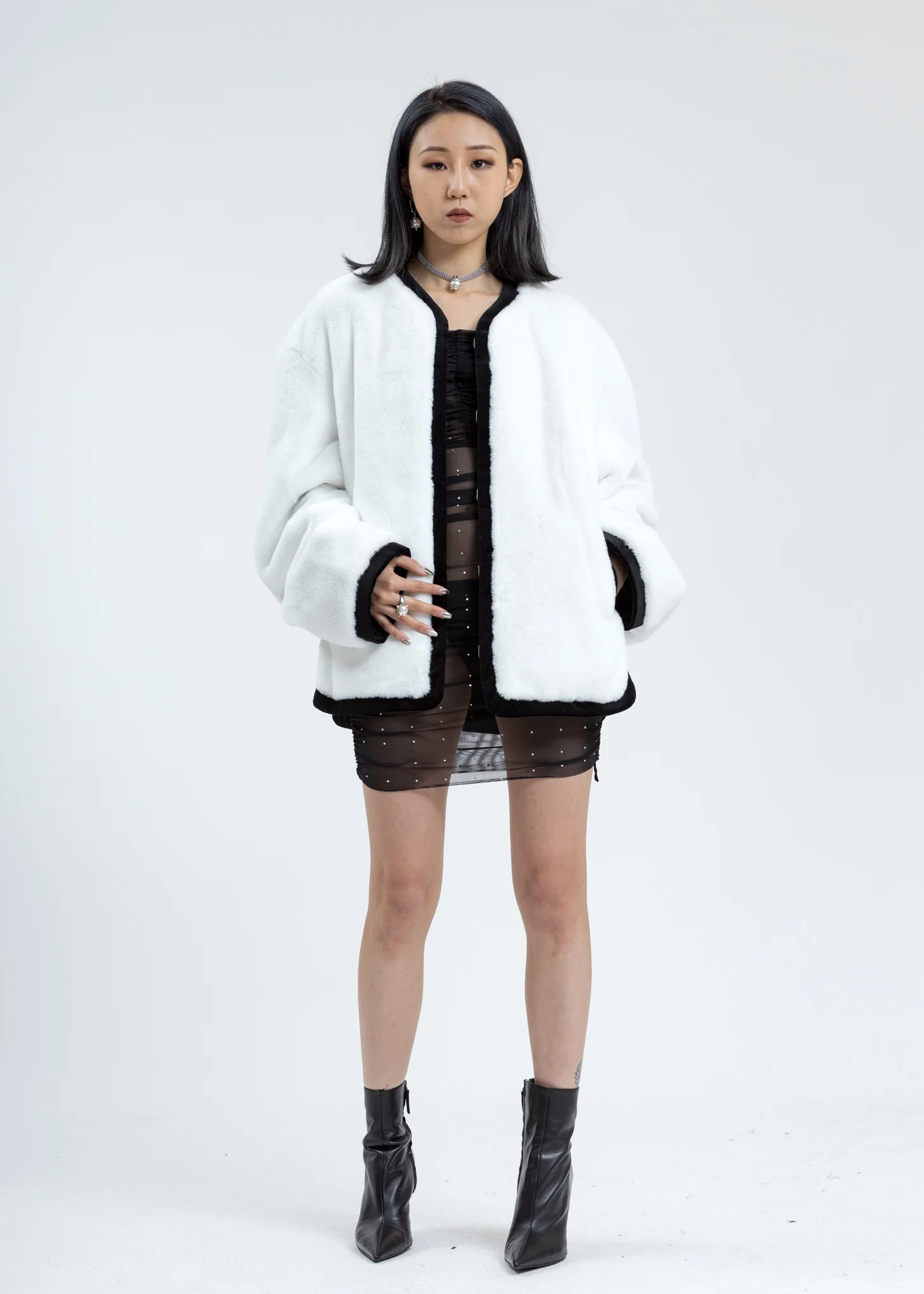 White Faux Fur Round Neck Jacket - Image 6