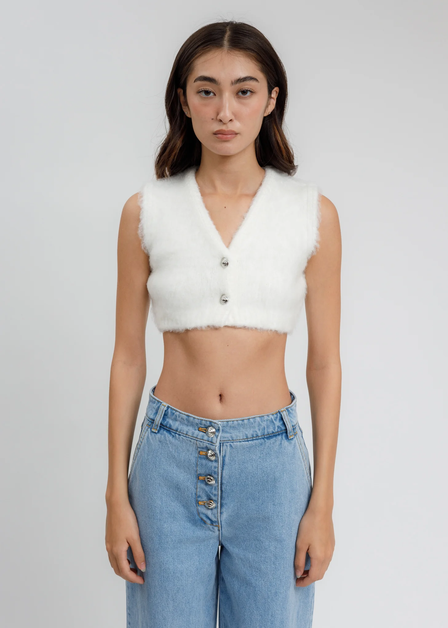 White Furry V NECK Knit Crop Cardigan