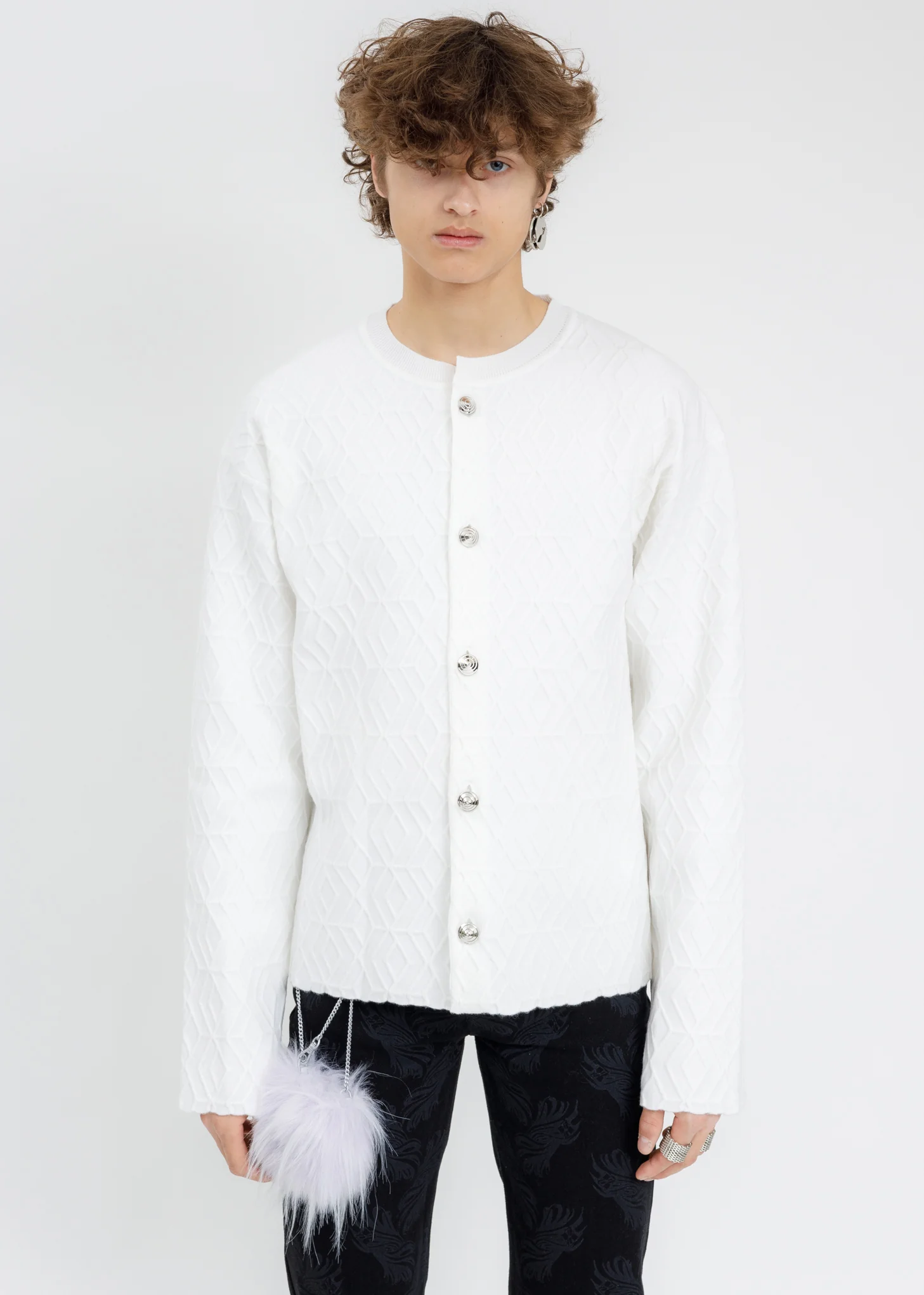 White Geometric Pattern Knit Cardigan