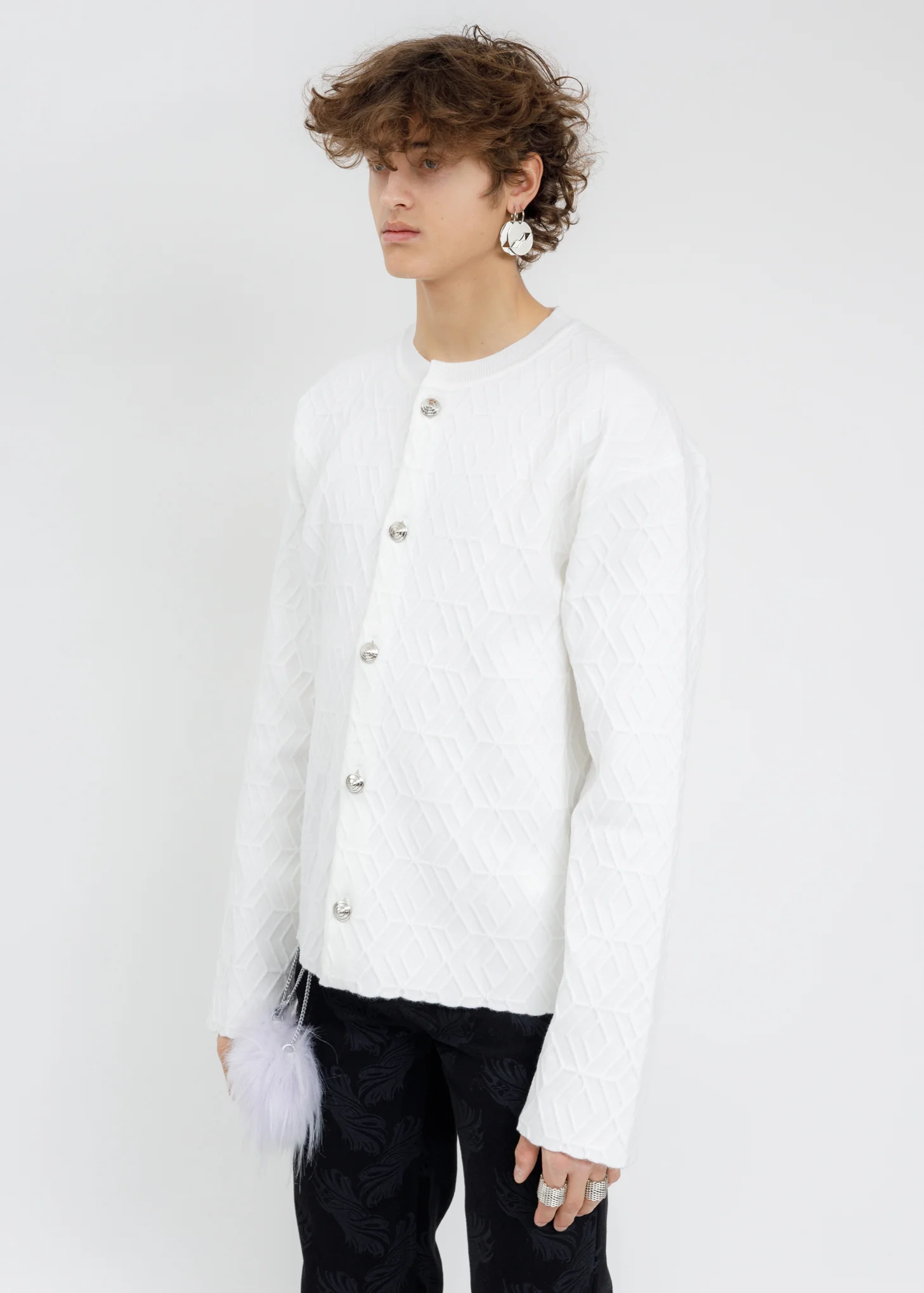 White Geometric Pattern Knit Cardigan - Image 2