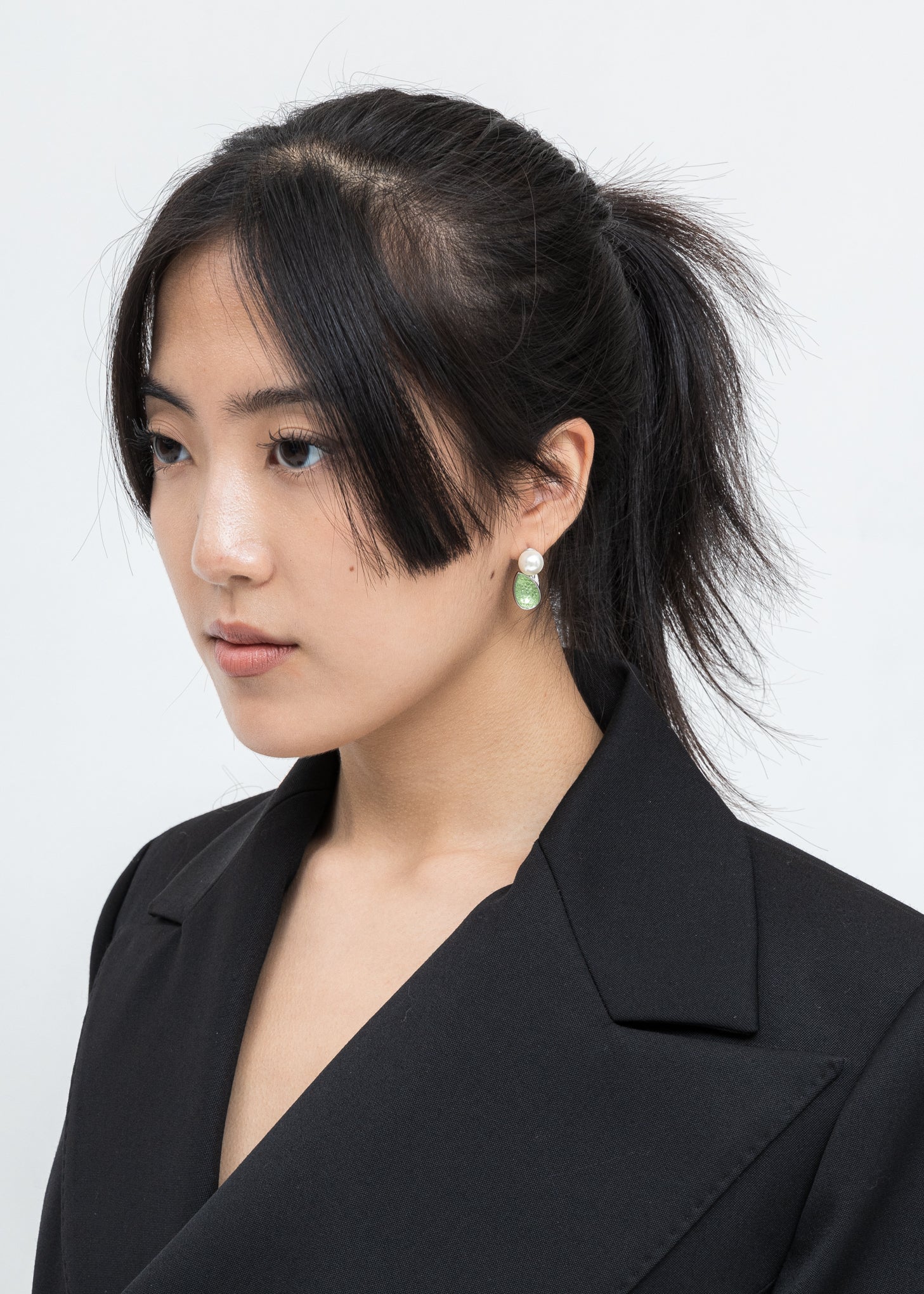 White Gold Green Tulip And Pearl Earring - Single - Image 2