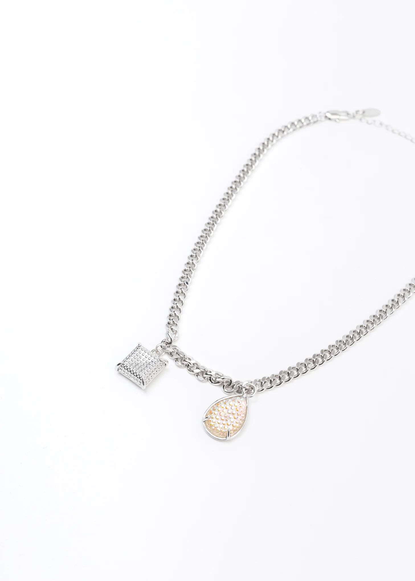 White Gold Square And Water Drop Necklace