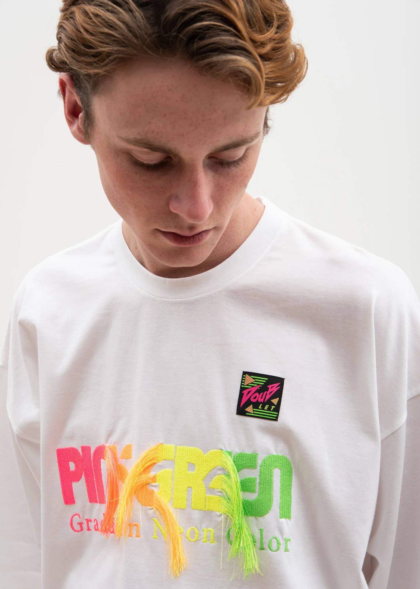 White Gradation Neon Embroidery T-Shirt - Image 2