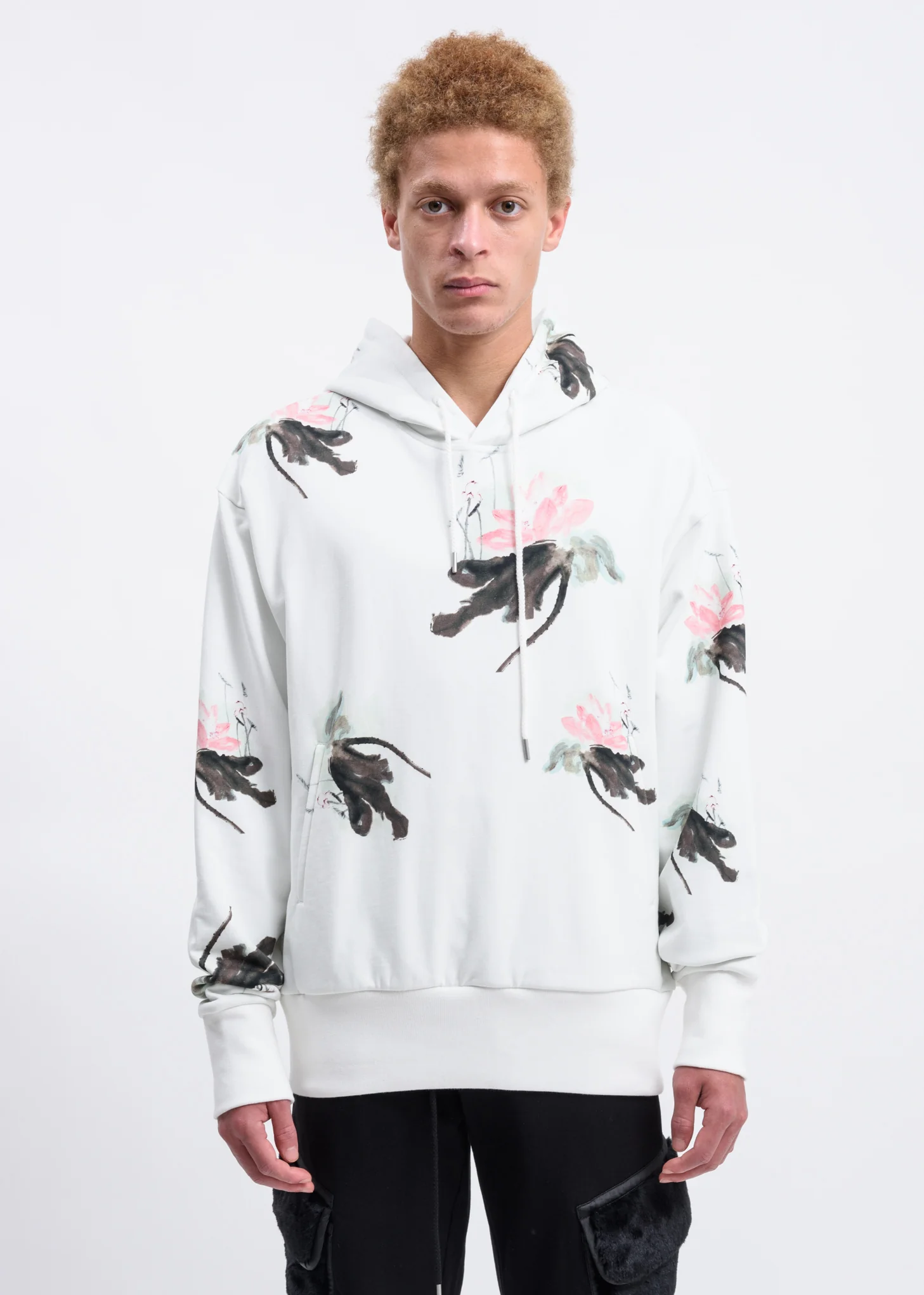 White Hand-Painted Lotus Hoodie