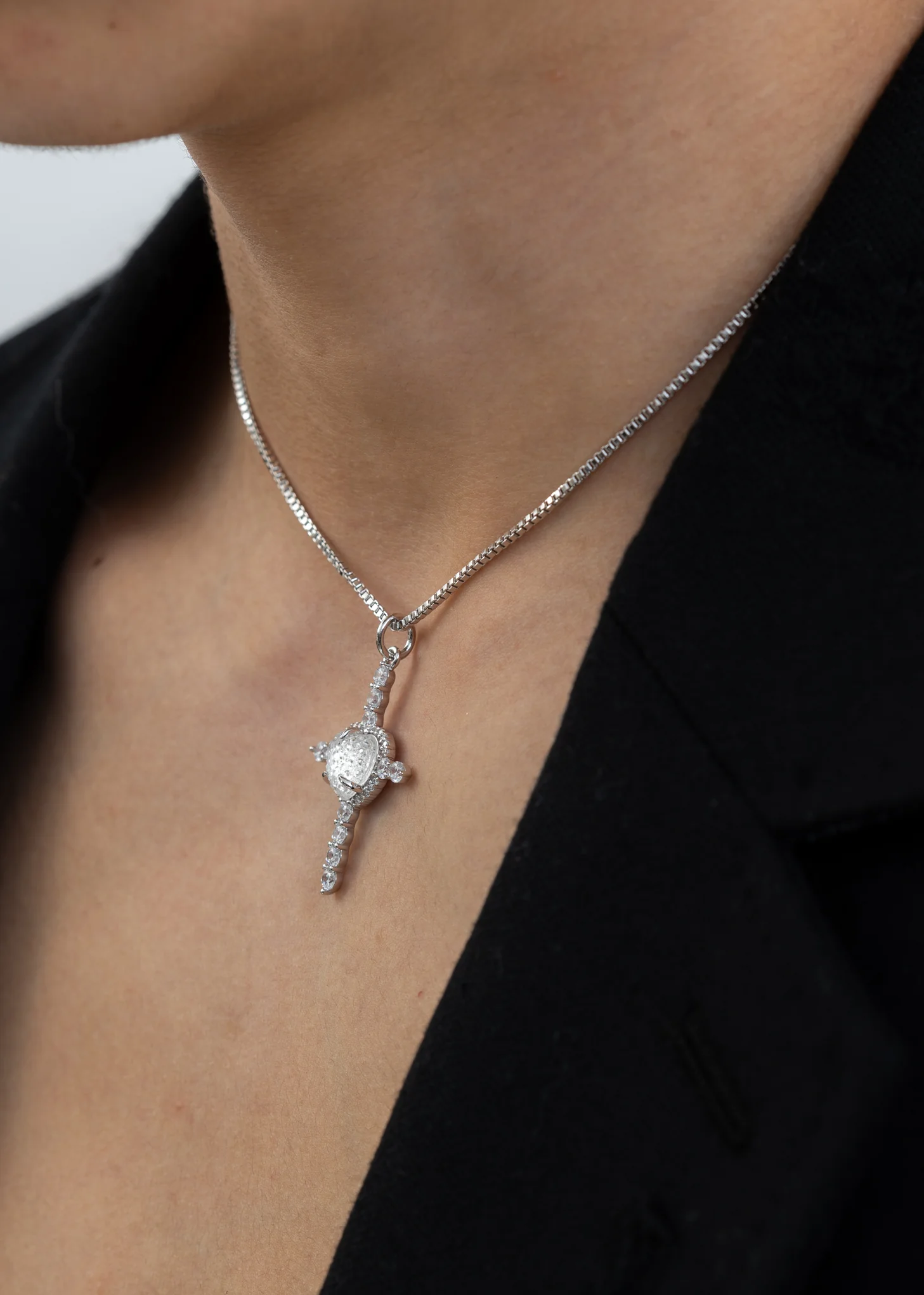 White Heart Rhinestone Cross Necklace - Image 3