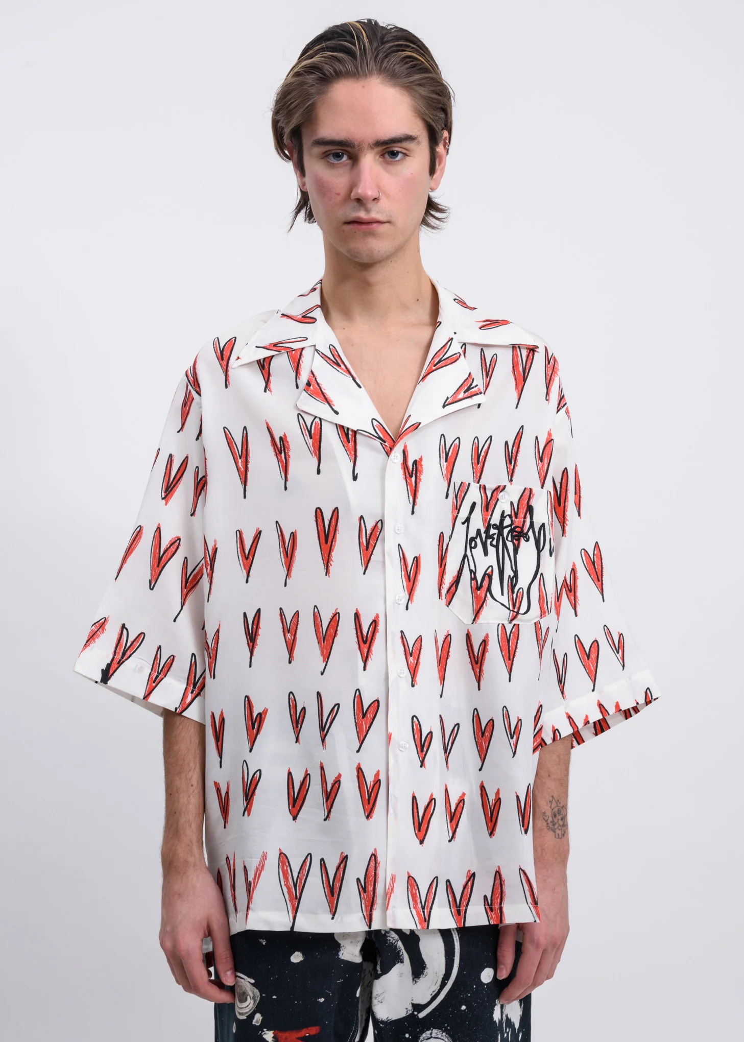 White Hearts Open Collar Shirt