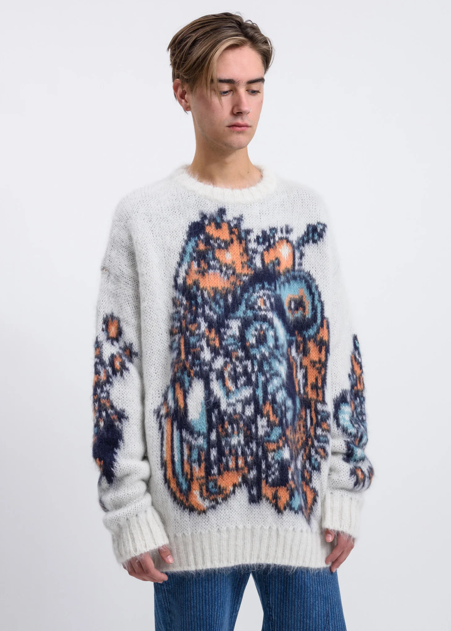 White Jacquard Motif Mohair Knit