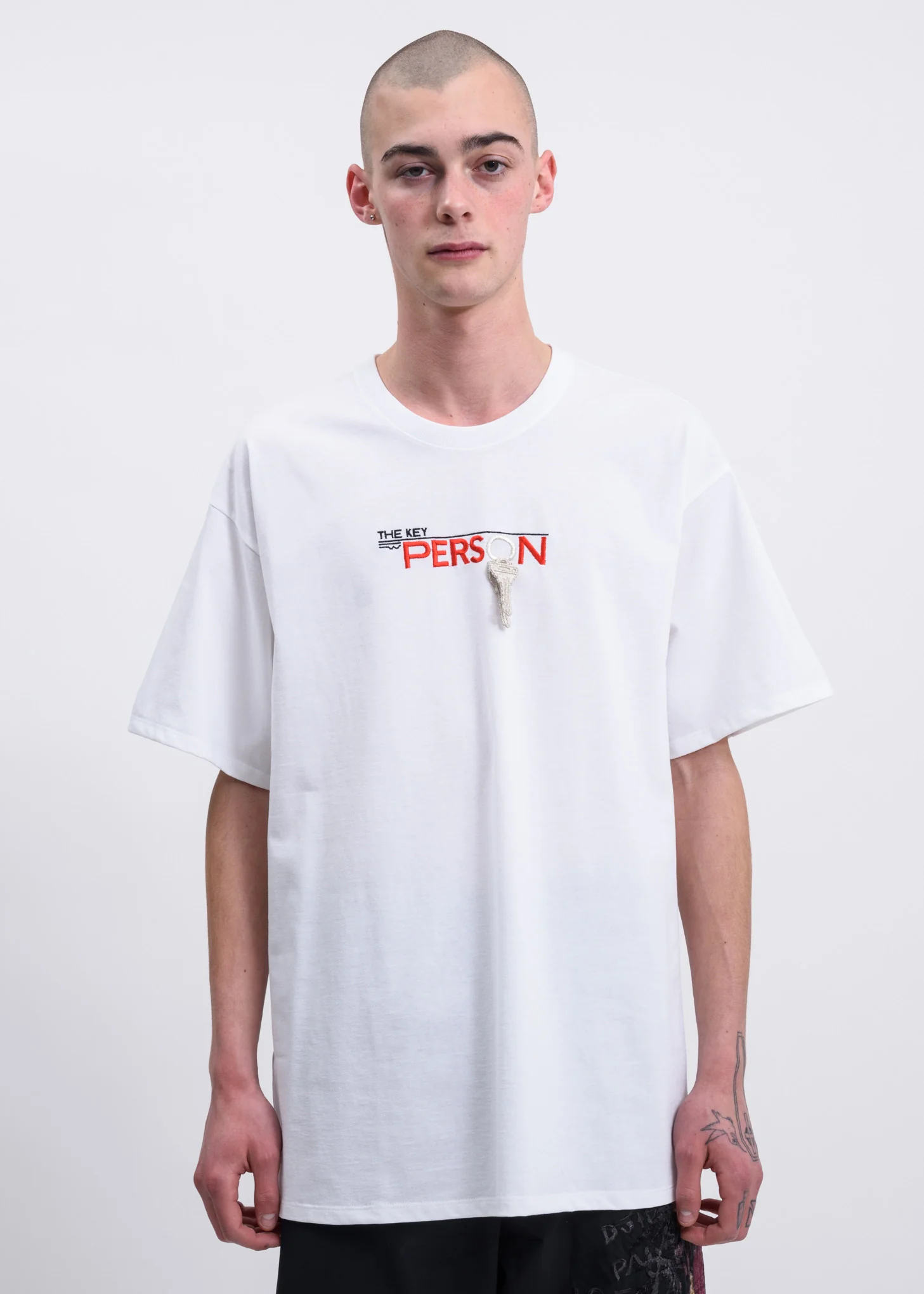 White "Key Person" Embroidery T-Shirt