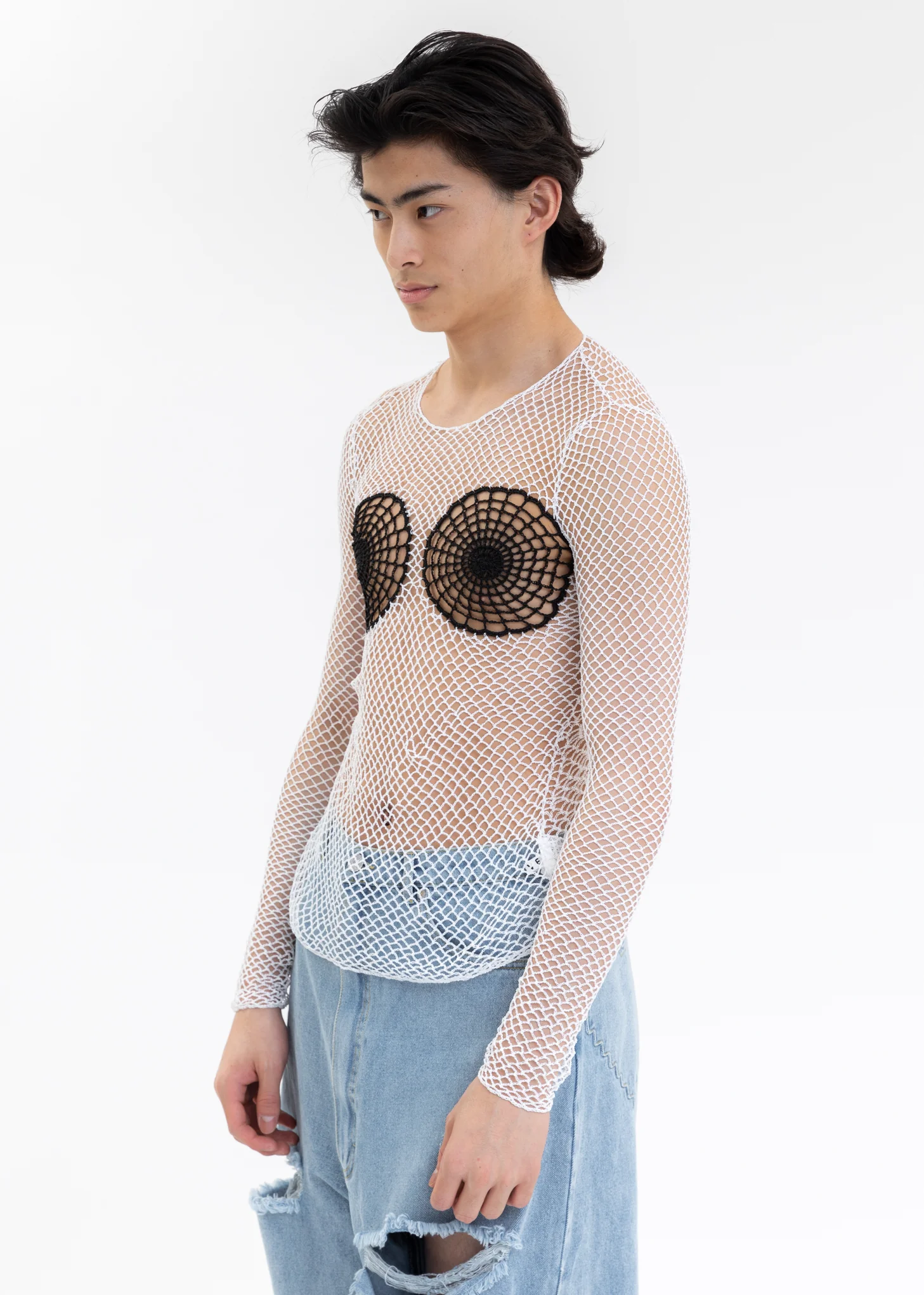 White Knitting Crochet Long Sleeve Top - Image 2