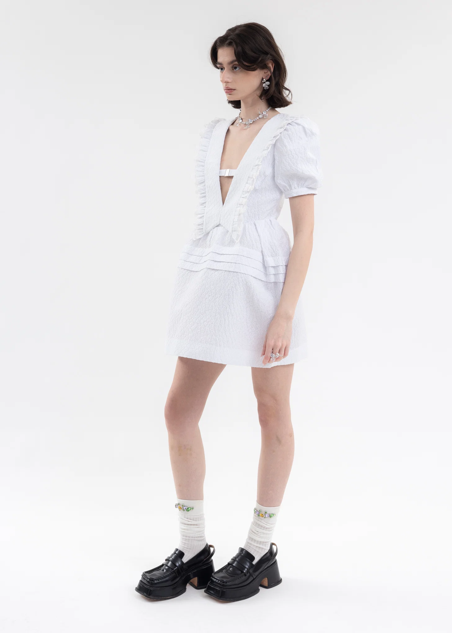 White Lace-Trimmed V-Neck Dress - Image 3