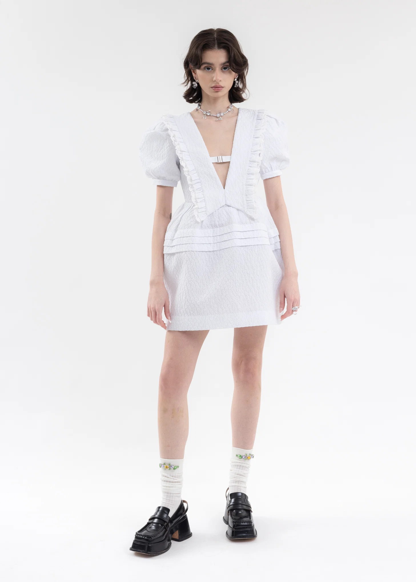 White Lace-Trimmed V-Neck Dress - Image 6
