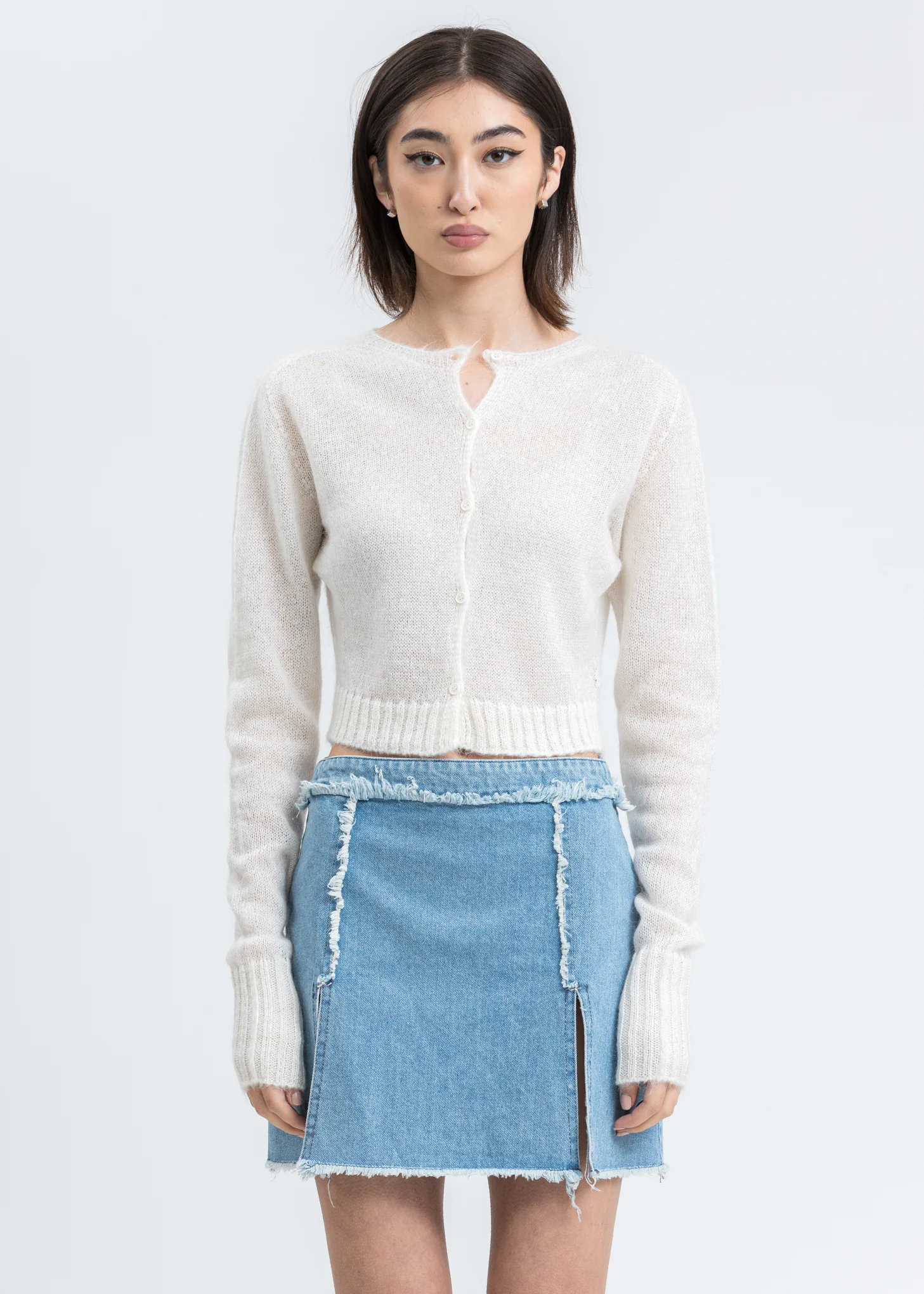 White Mohair Ribbed Cardigan