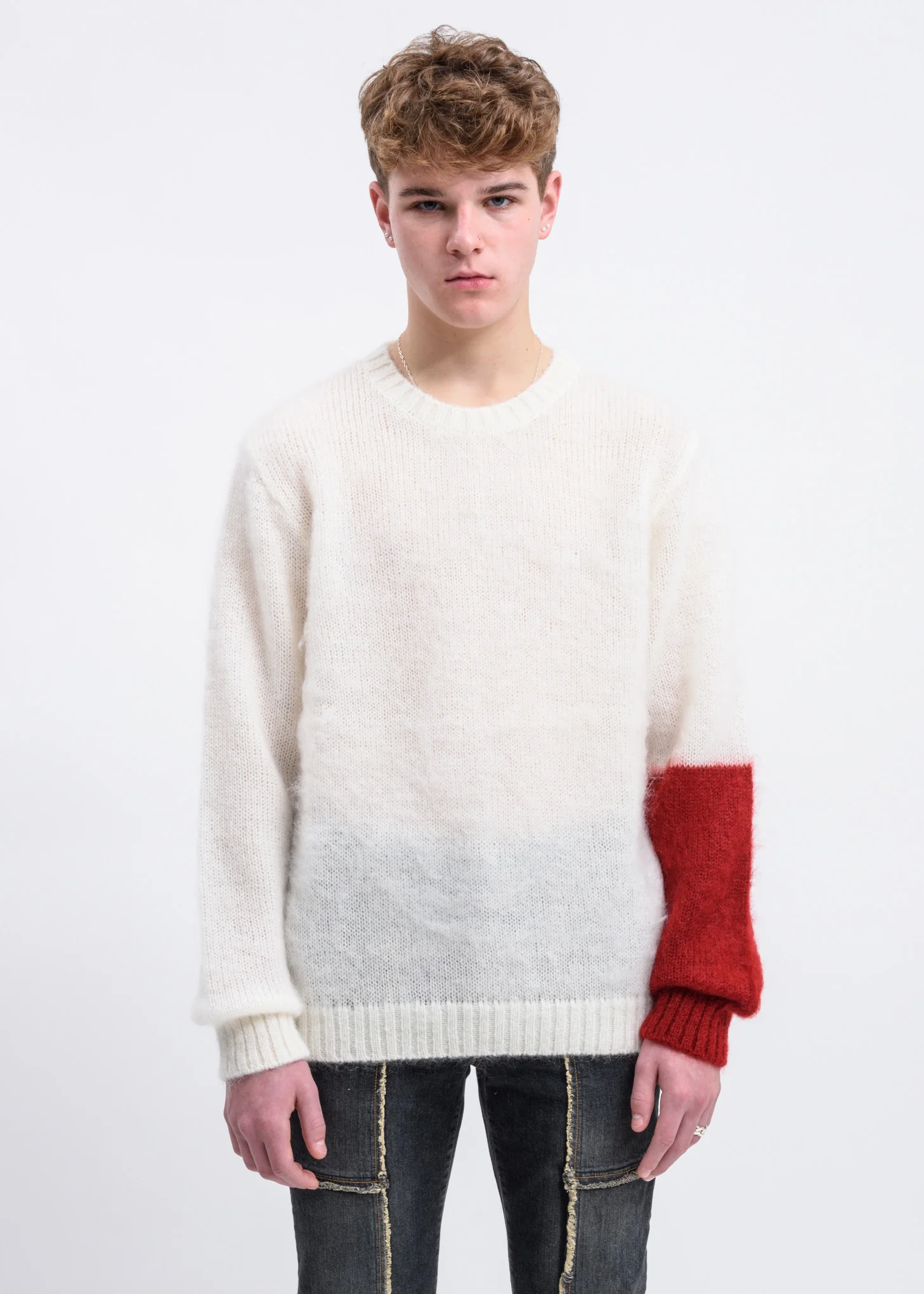 White Mohair Sweater w/ Red Colour Block - Image 2