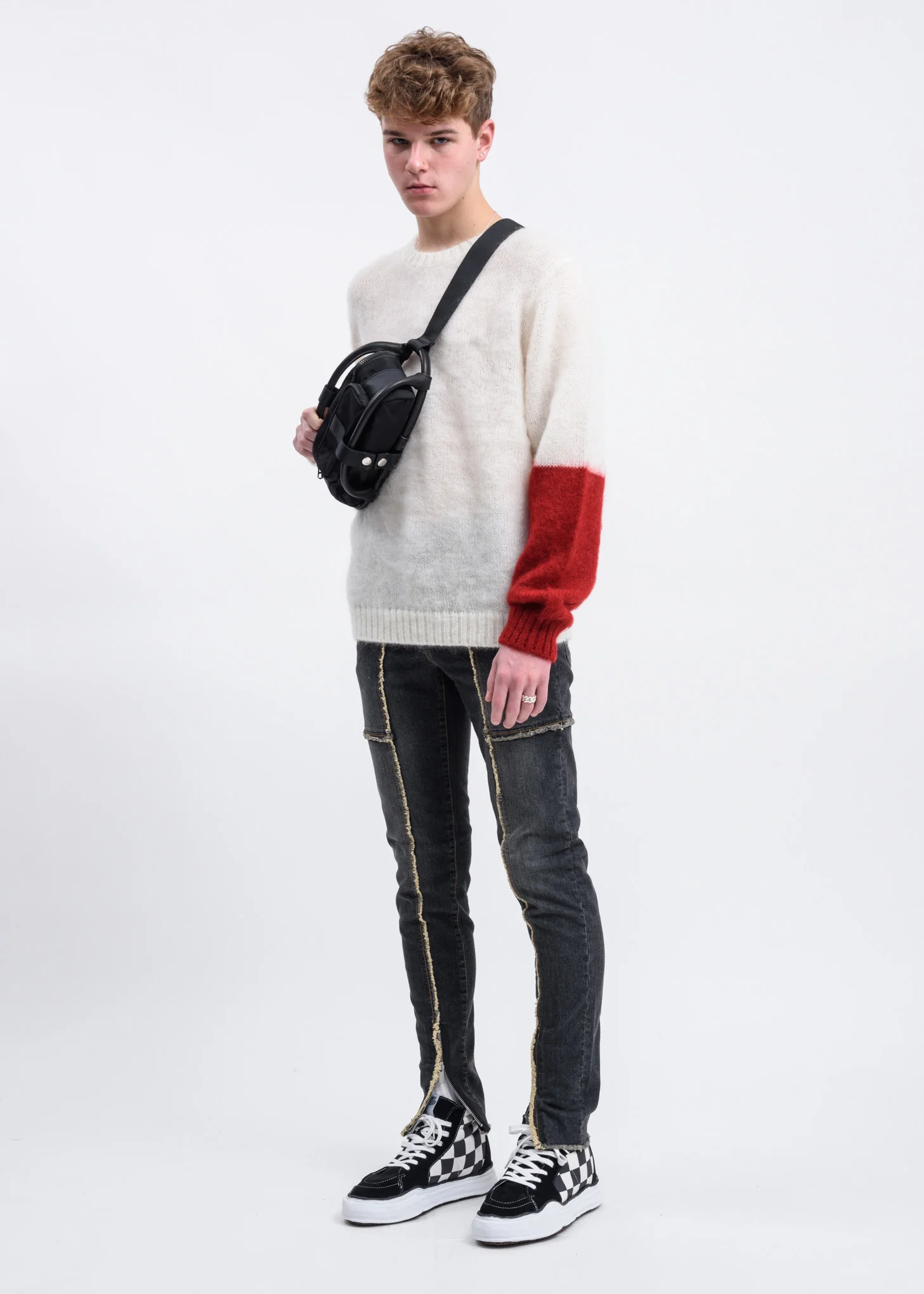 White Mohair Sweater w/ Red Colour Block - Image 5