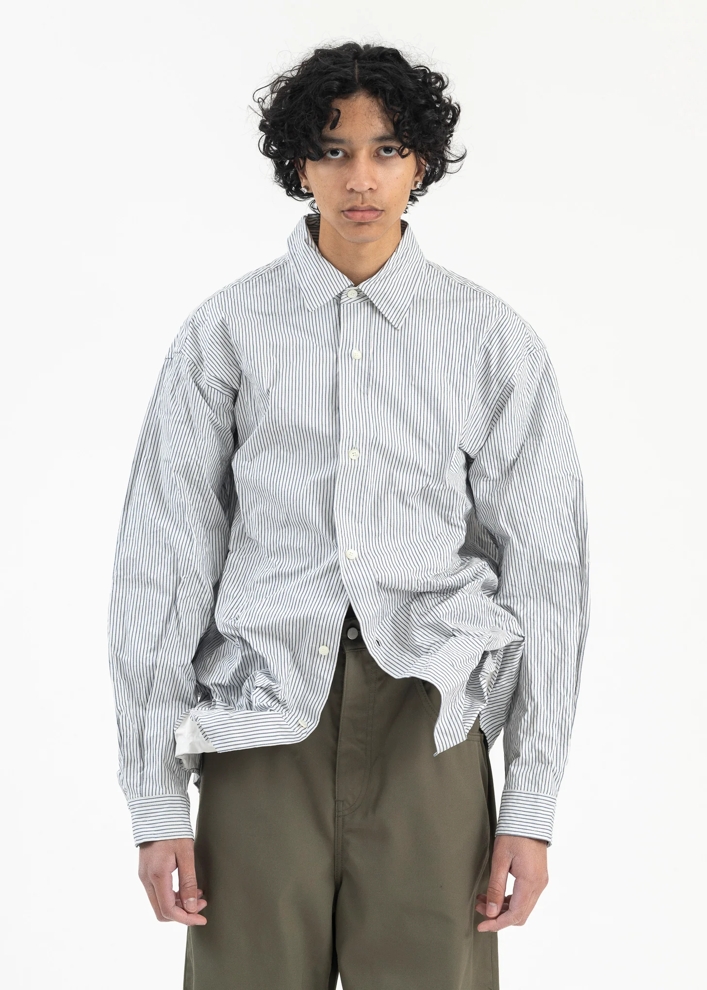 White & Navy Pinstripe Crinkled Shirt