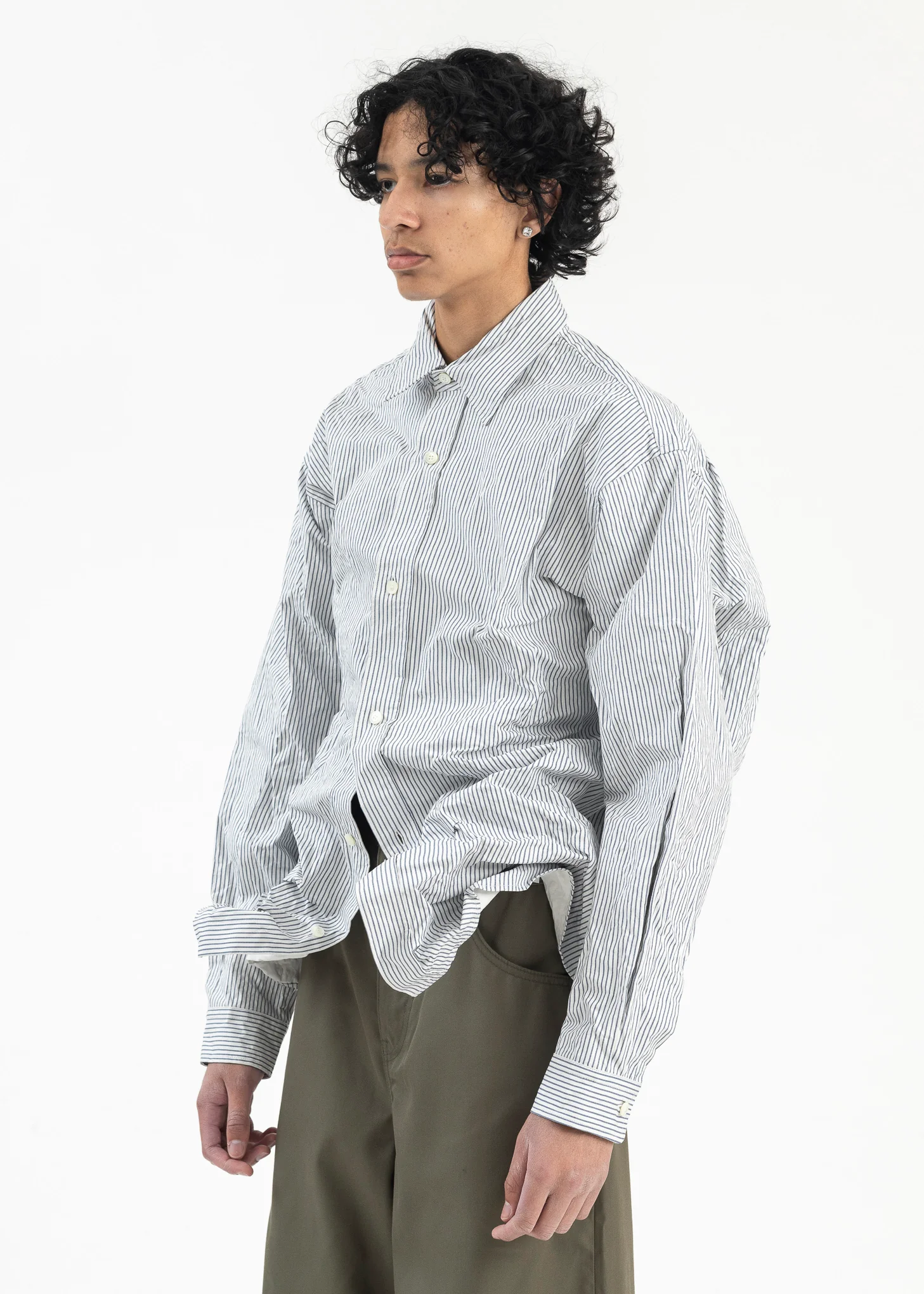 White & Navy Pinstripe Crinkled Shirt - Image 3