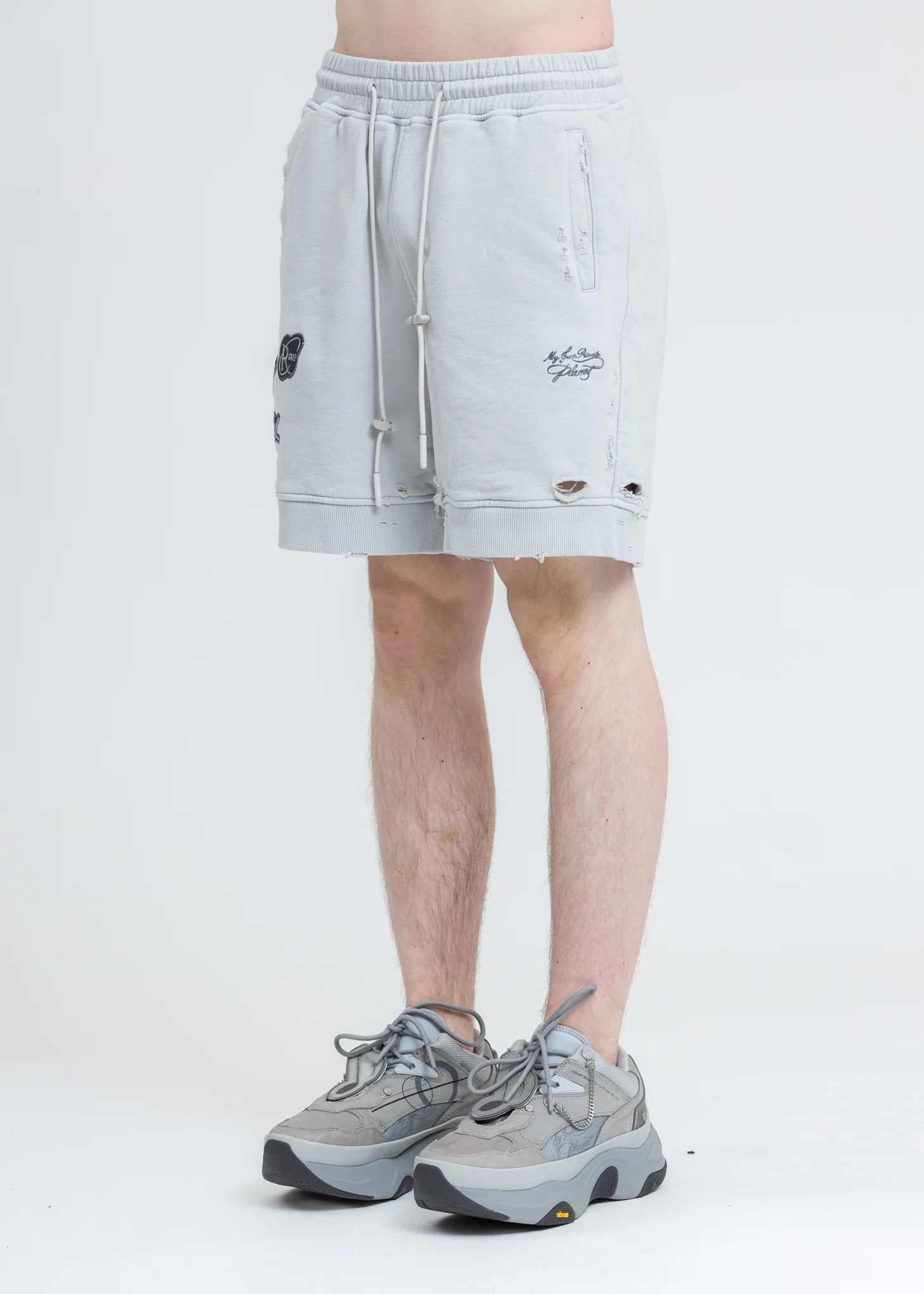 White Patched Ruin Distressed Sweat Shorts - Image 2
