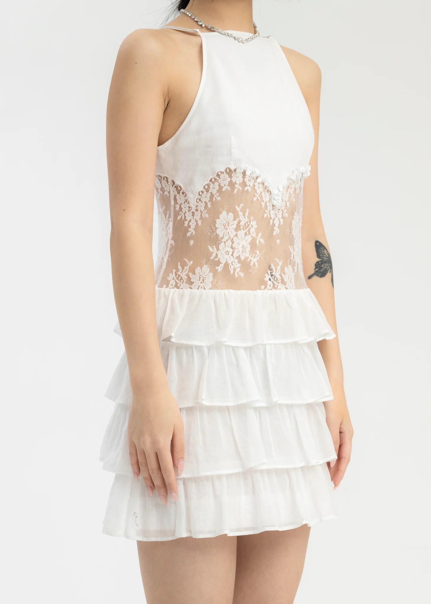 White Patchwork Multi-Layer Short Dress - Image 2