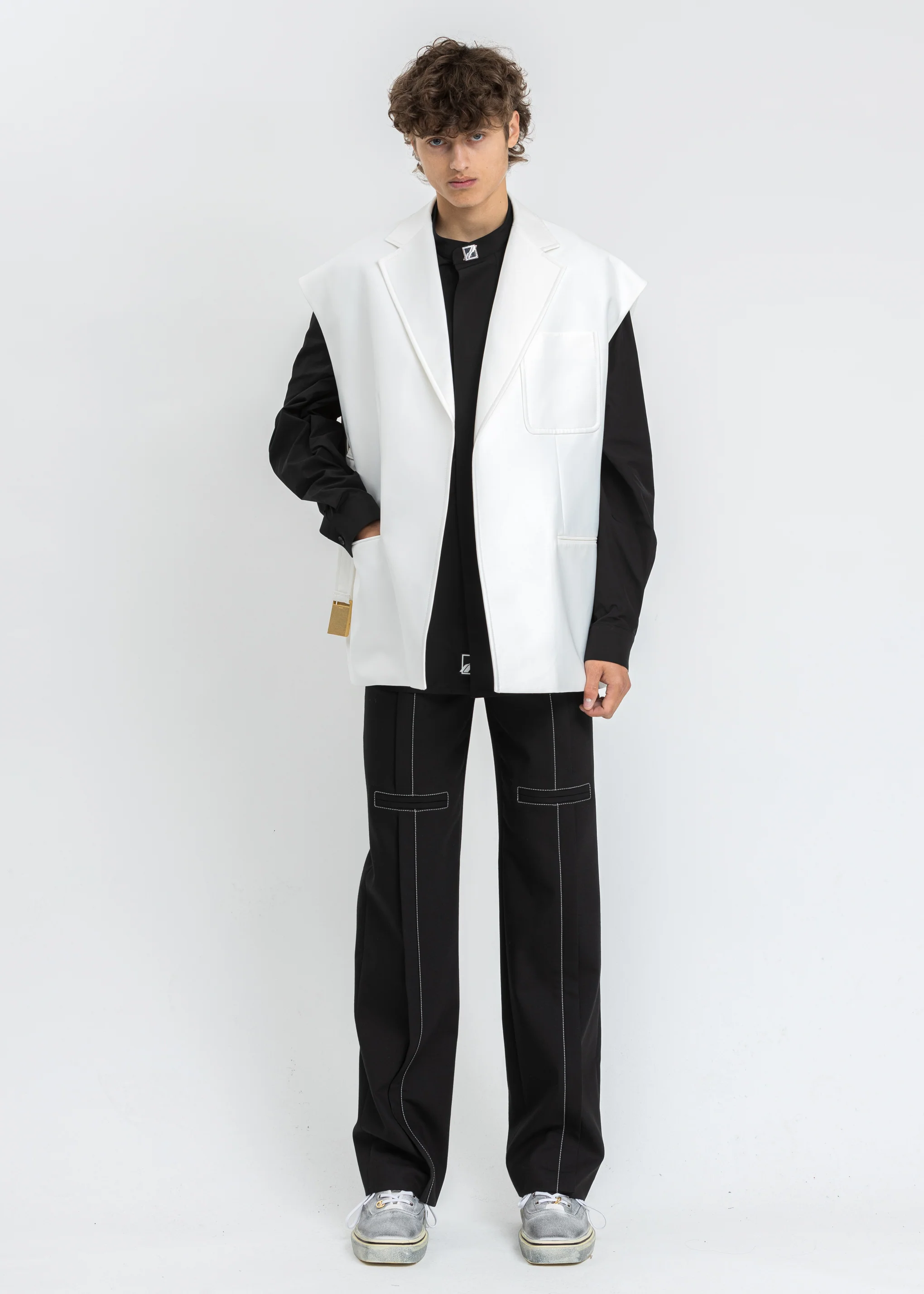 White Print Spangle Decoration Tailored Vest - Image 8