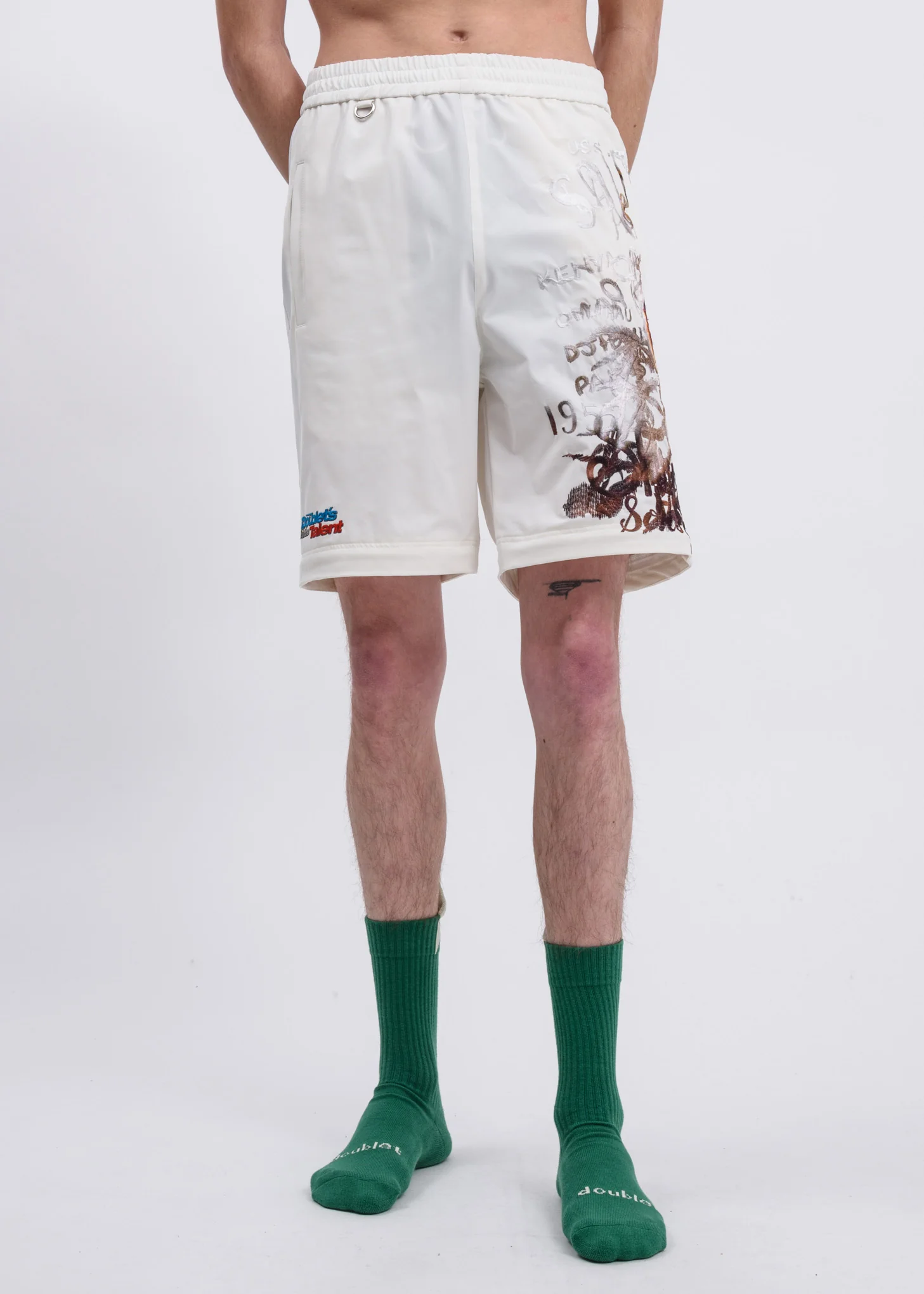 White Printed Chaos Embroidery Two Way Pants - Image 6