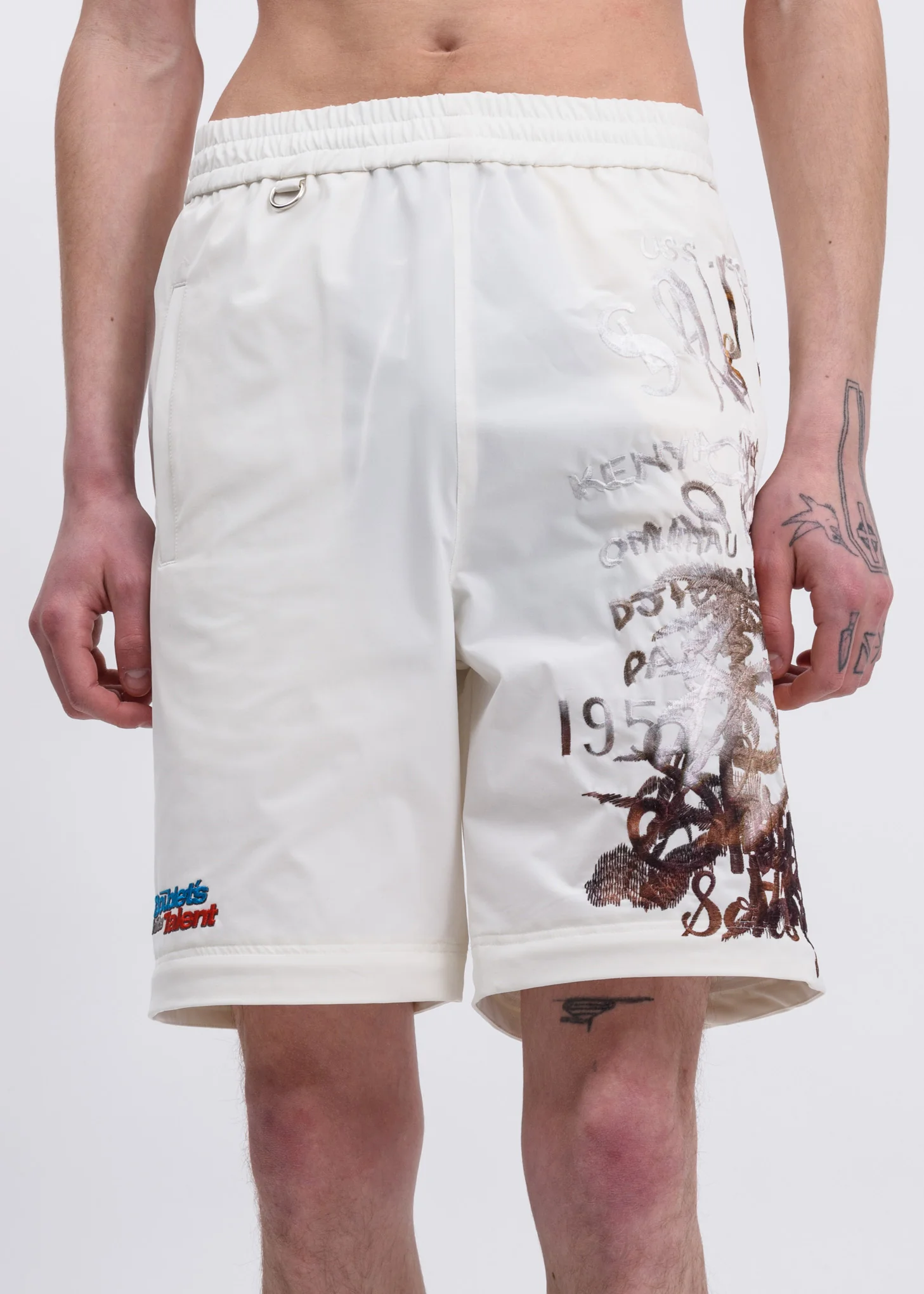 White Printed Chaos Embroidery Two Way Pants - Image 7