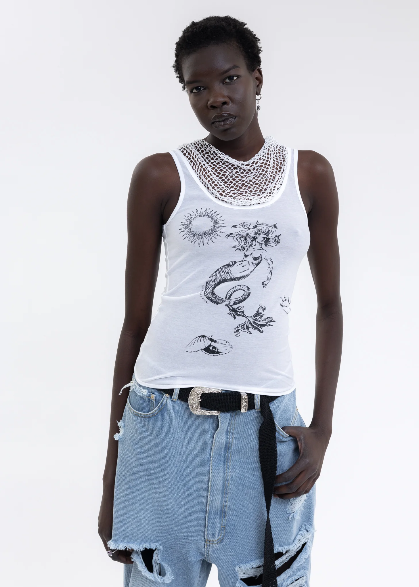 White Printed Crocheted Vest