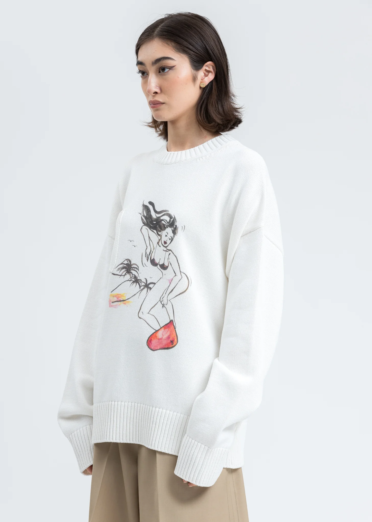 White Printed Knit Pocket Sweater - Image 3