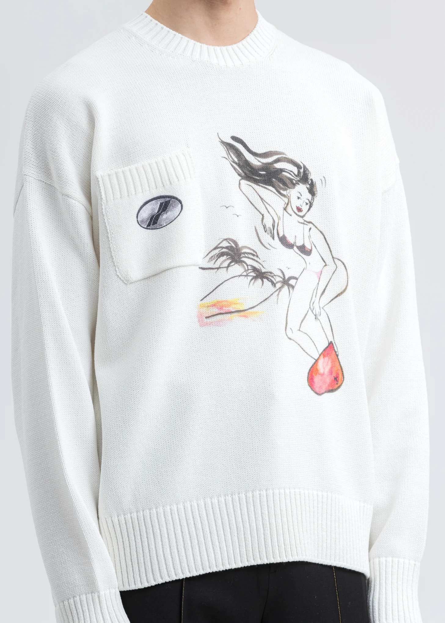White Printed Knit Pocket Sweater - Image 2