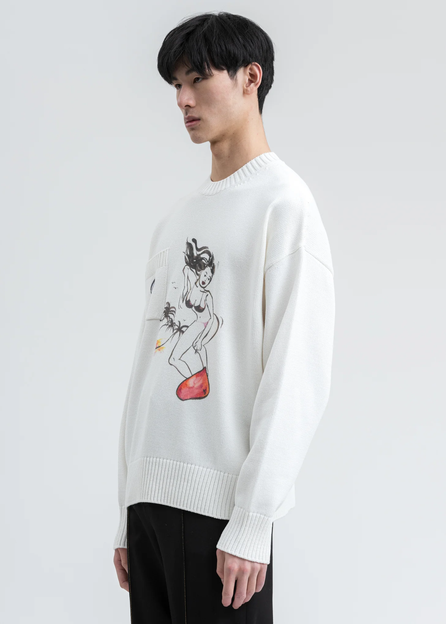 White Printed Knit Pocket Sweater - Image 3