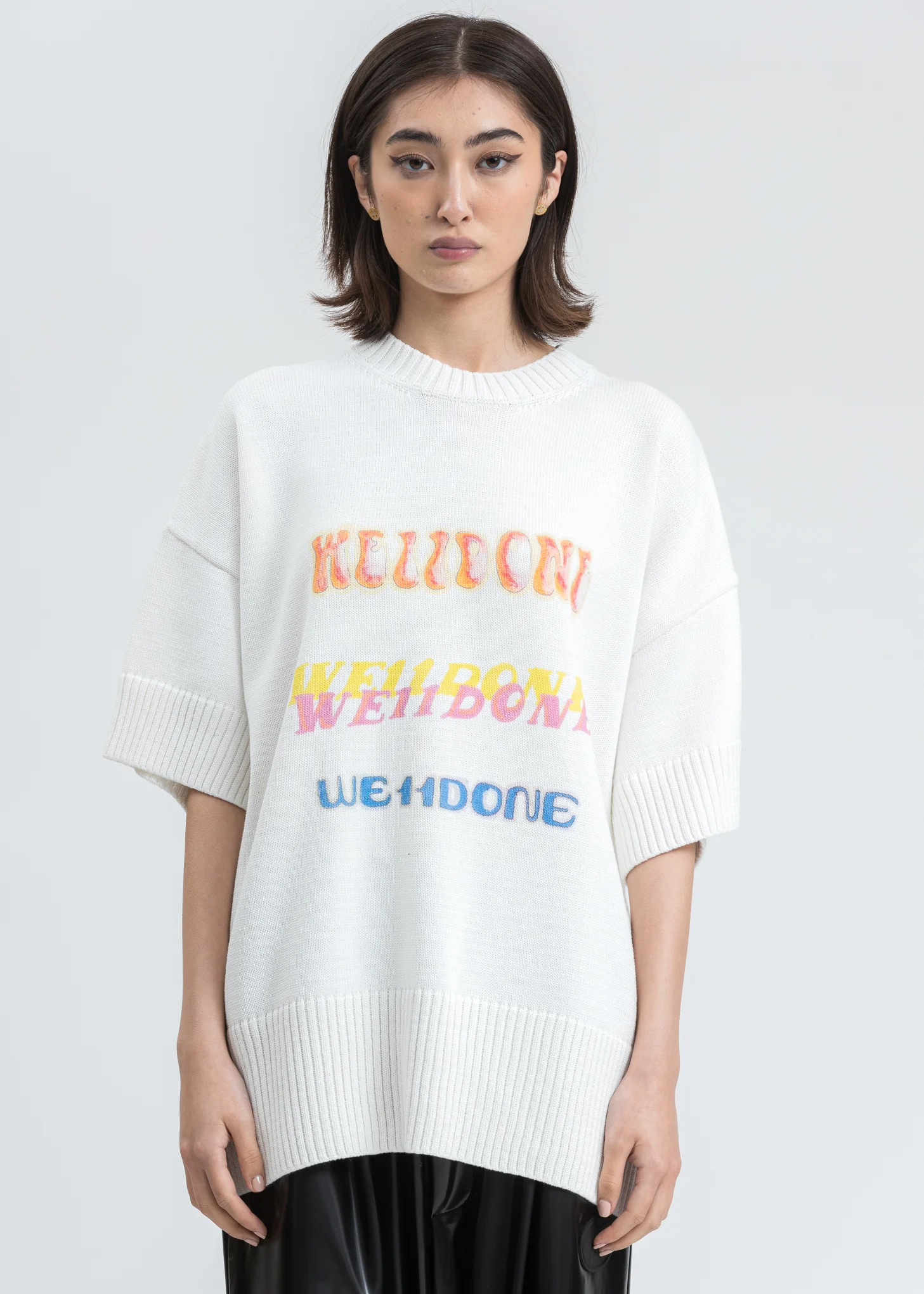 White Printed Short Sleeve Sweater