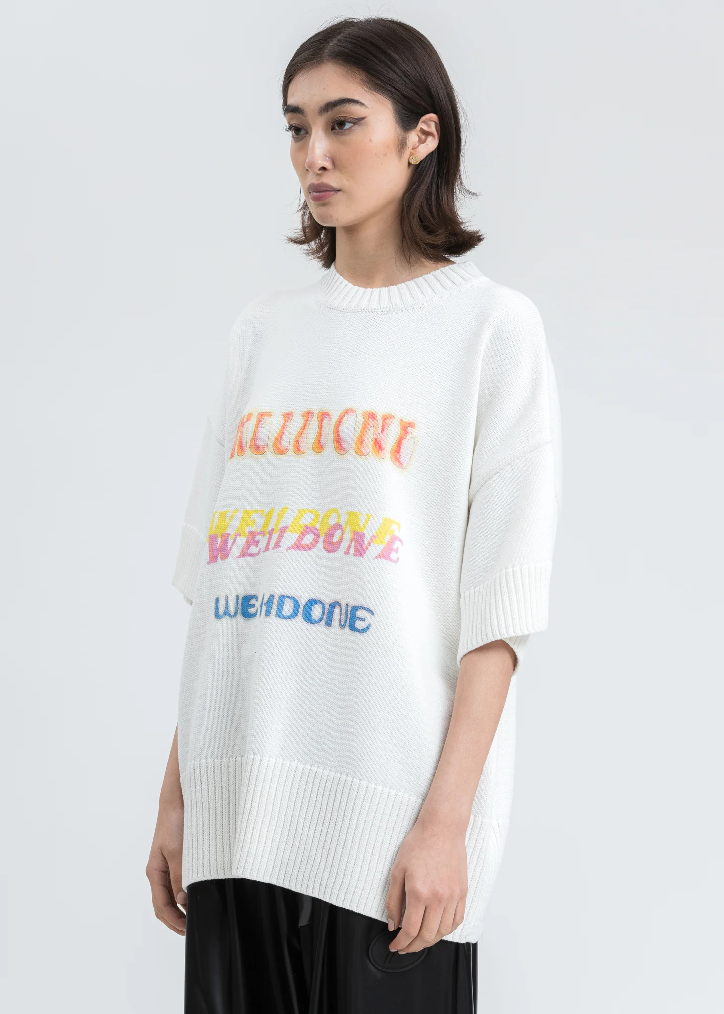 White Printed Short Sleeve Sweater - Image 3