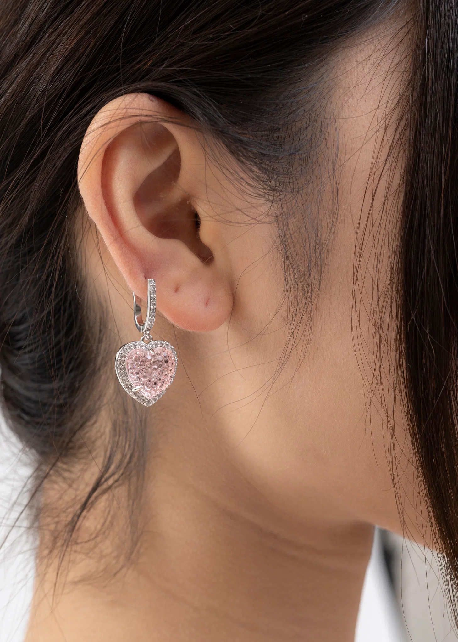 White Rhinestone And Pink Heart Earring - Single - Image 2