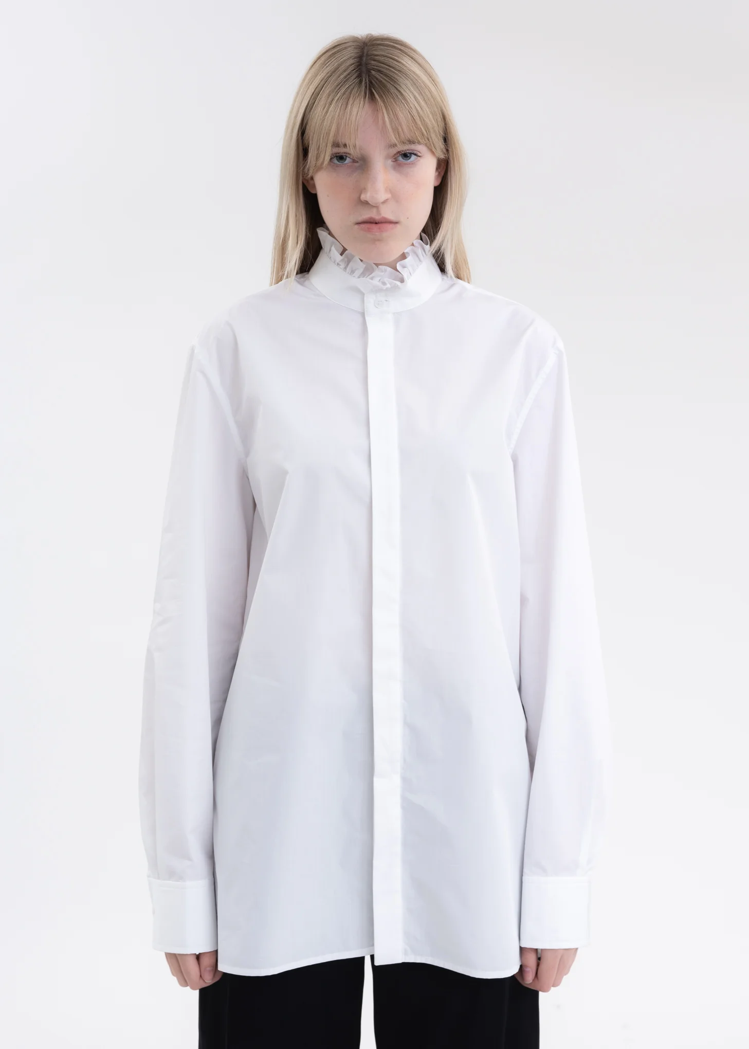 WHITE RUFFLE DETAIL STAND COLLAR SHIRT