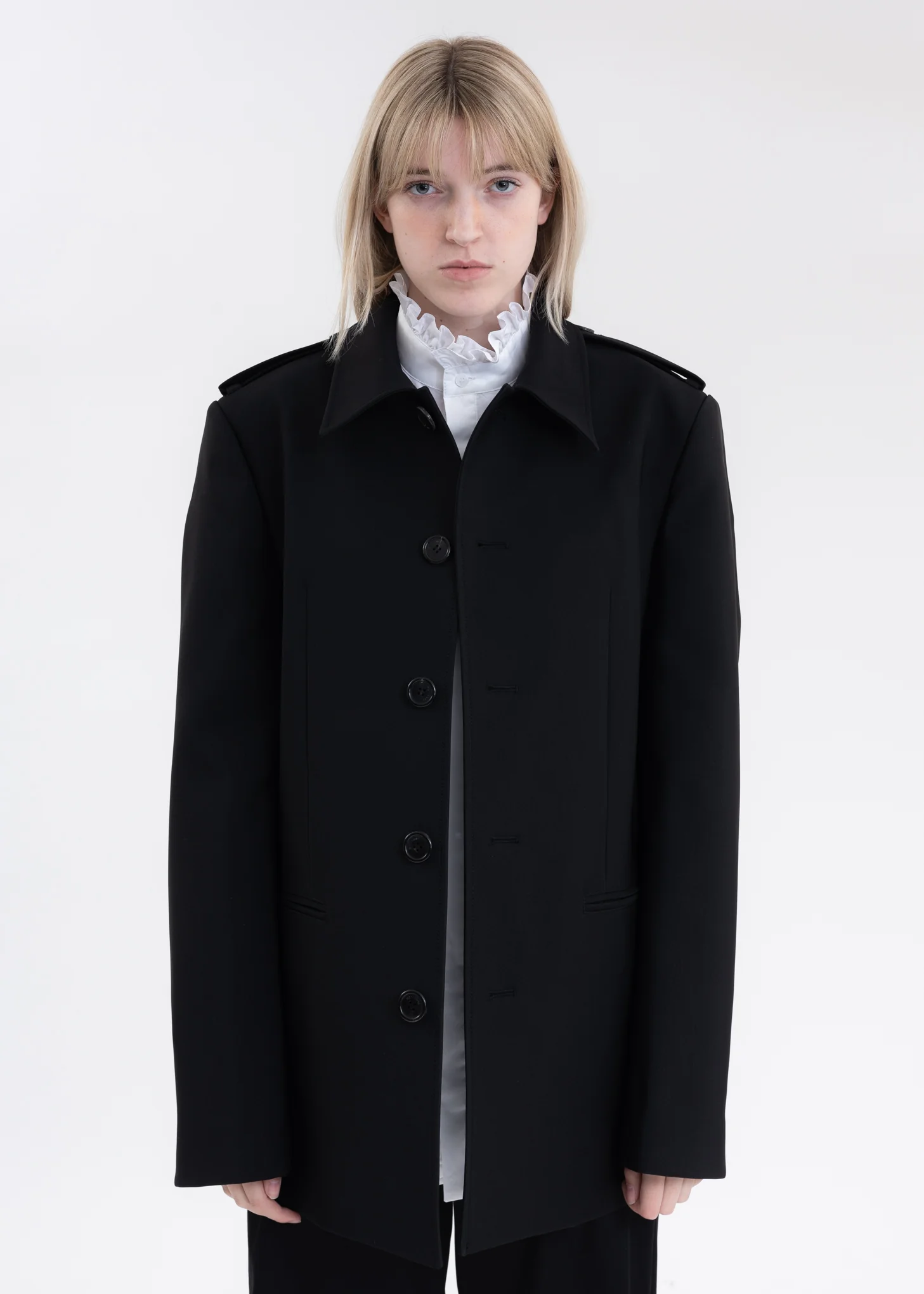 WHITE RUFFLE DETAIL STAND COLLAR SHIRT - Image 5