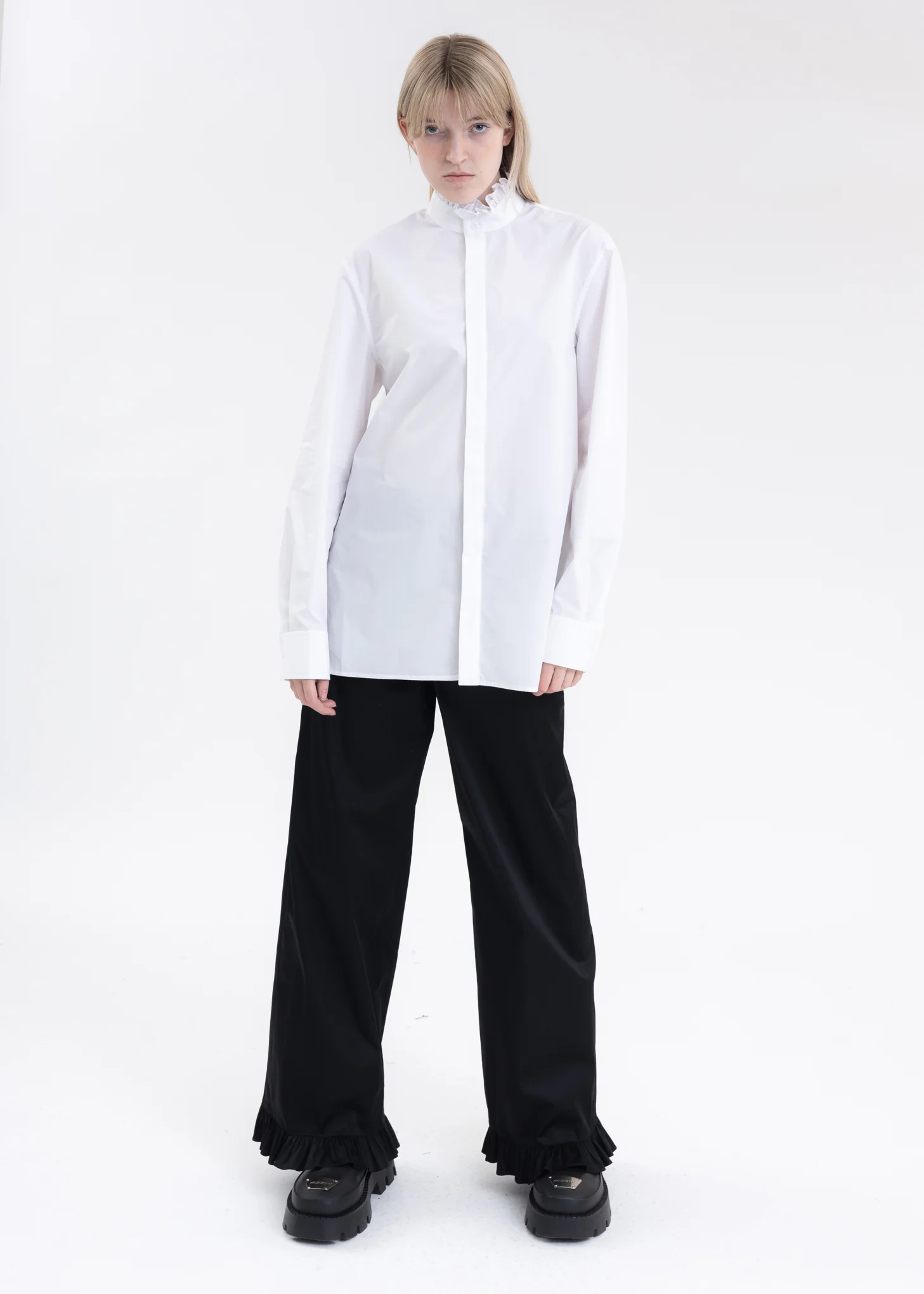 WHITE RUFFLE DETAIL STAND COLLAR SHIRT - Image 6