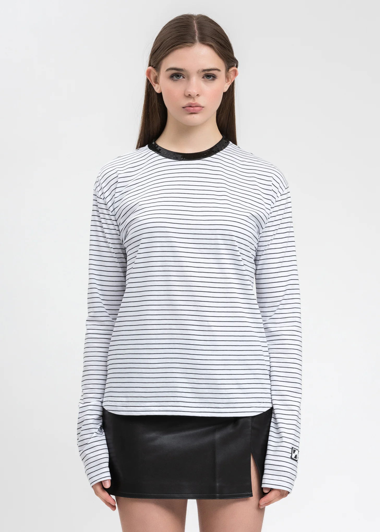 White Sequins Trim Neck Stripe Long Sleeve