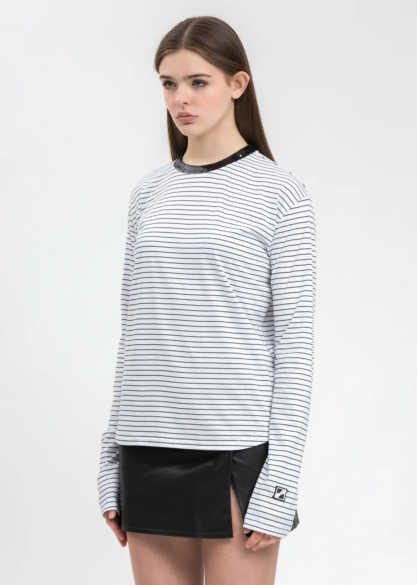 White Sequins Trim Neck Stripe Long Sleeve - Image 2