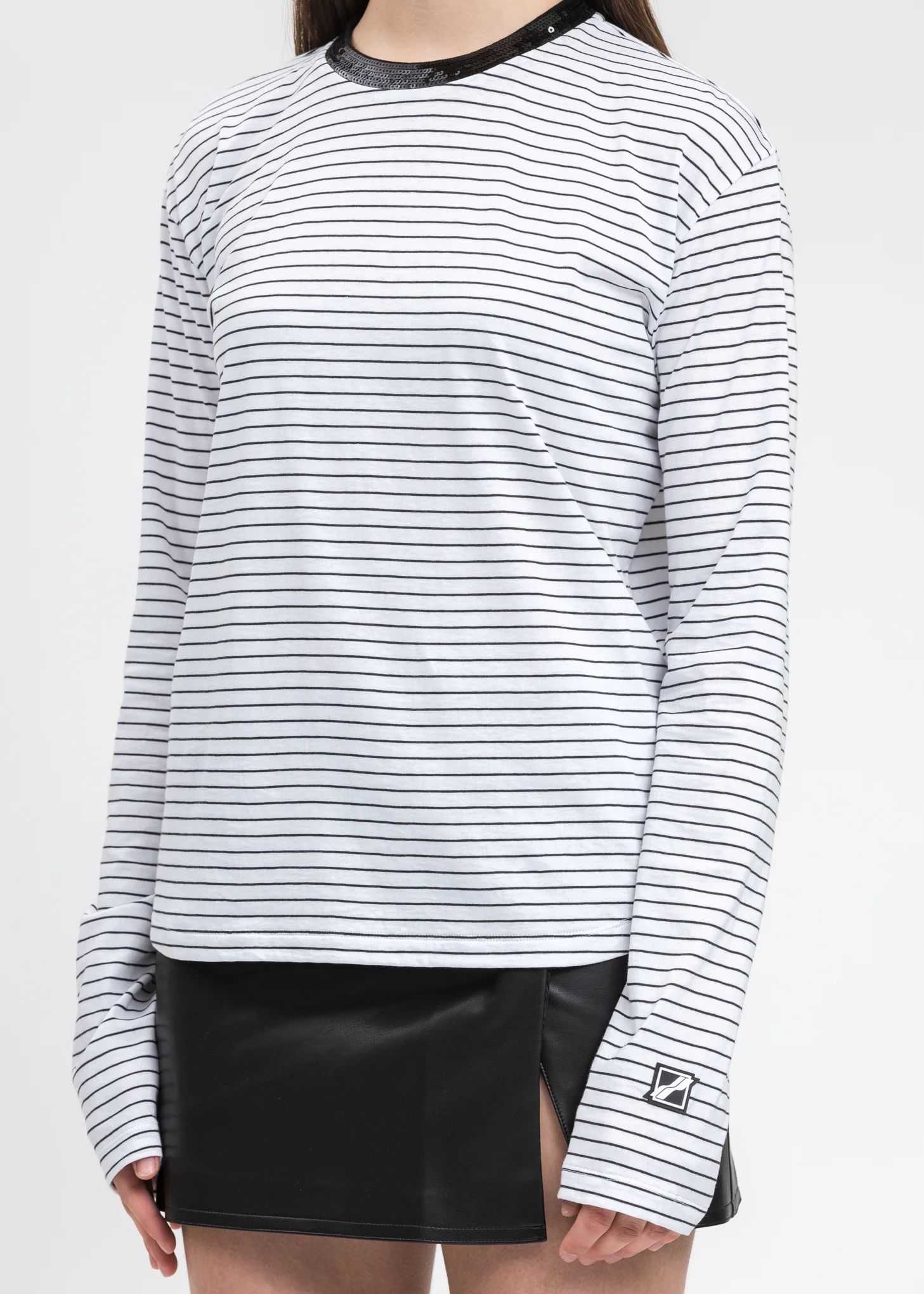 White Sequins Trim Neck Stripe Long Sleeve - Image 4