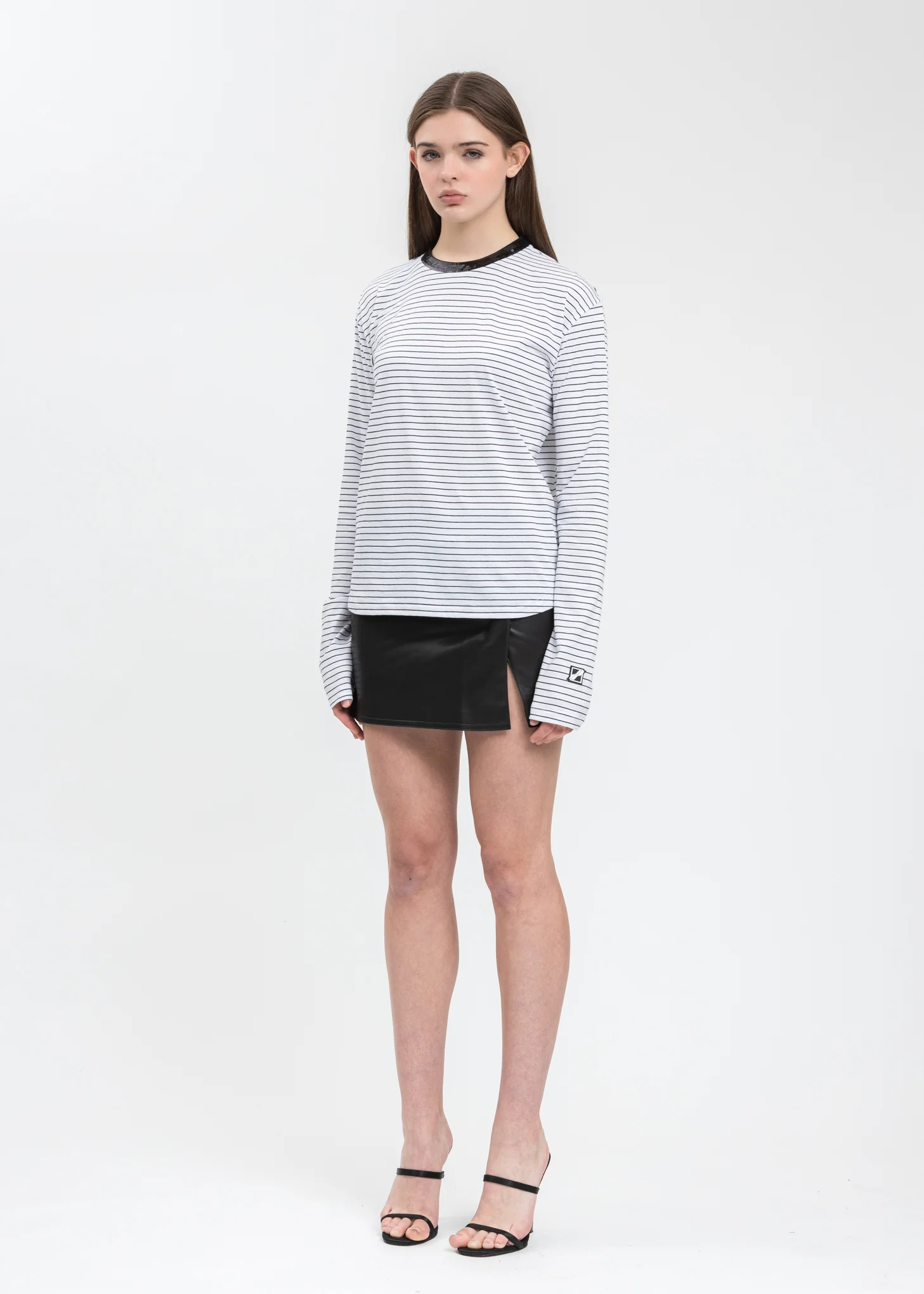 White Sequins Trim Neck Stripe Long Sleeve - Image 5