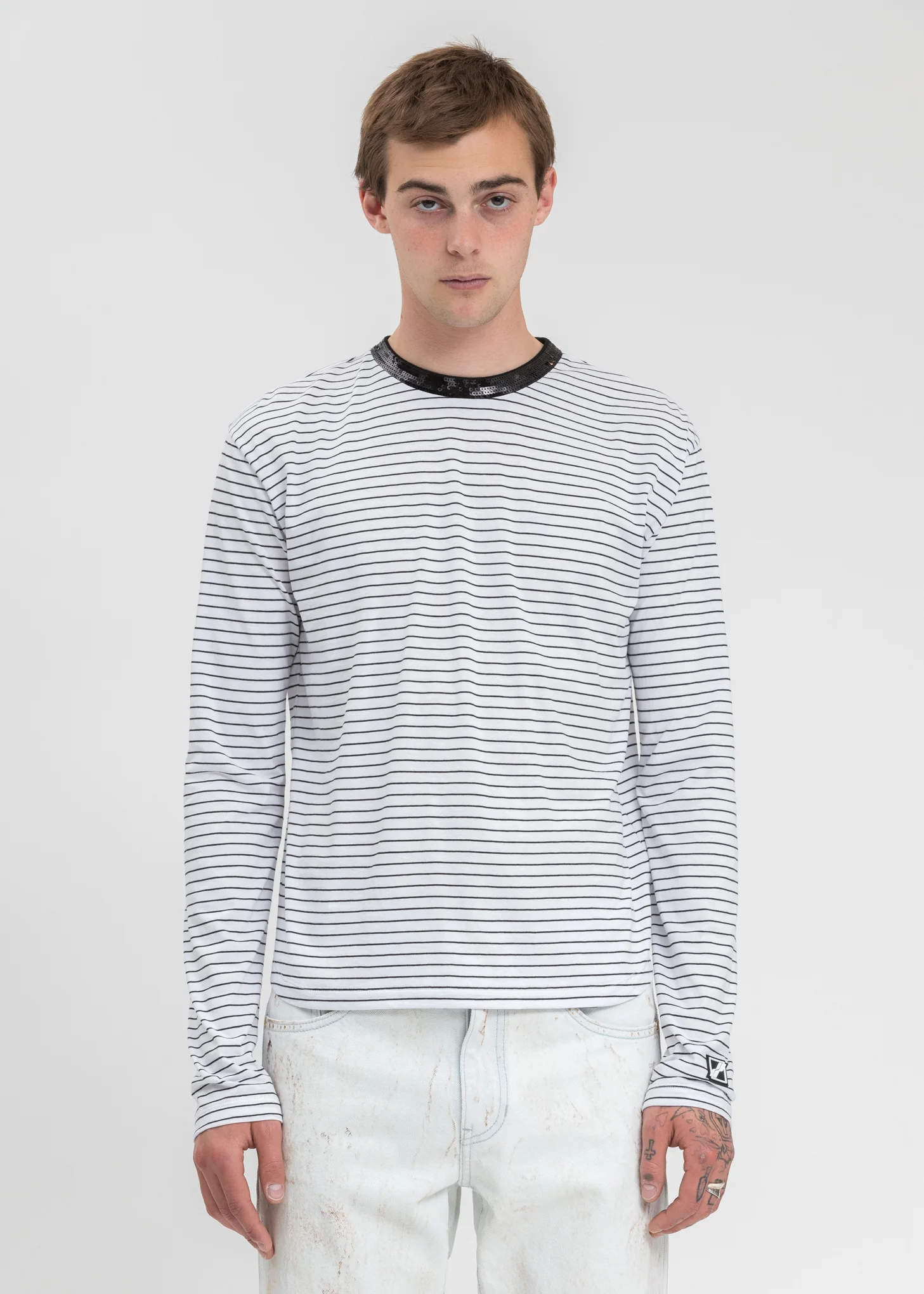 White Sequins Trim Neck Stripe Long Sleeve