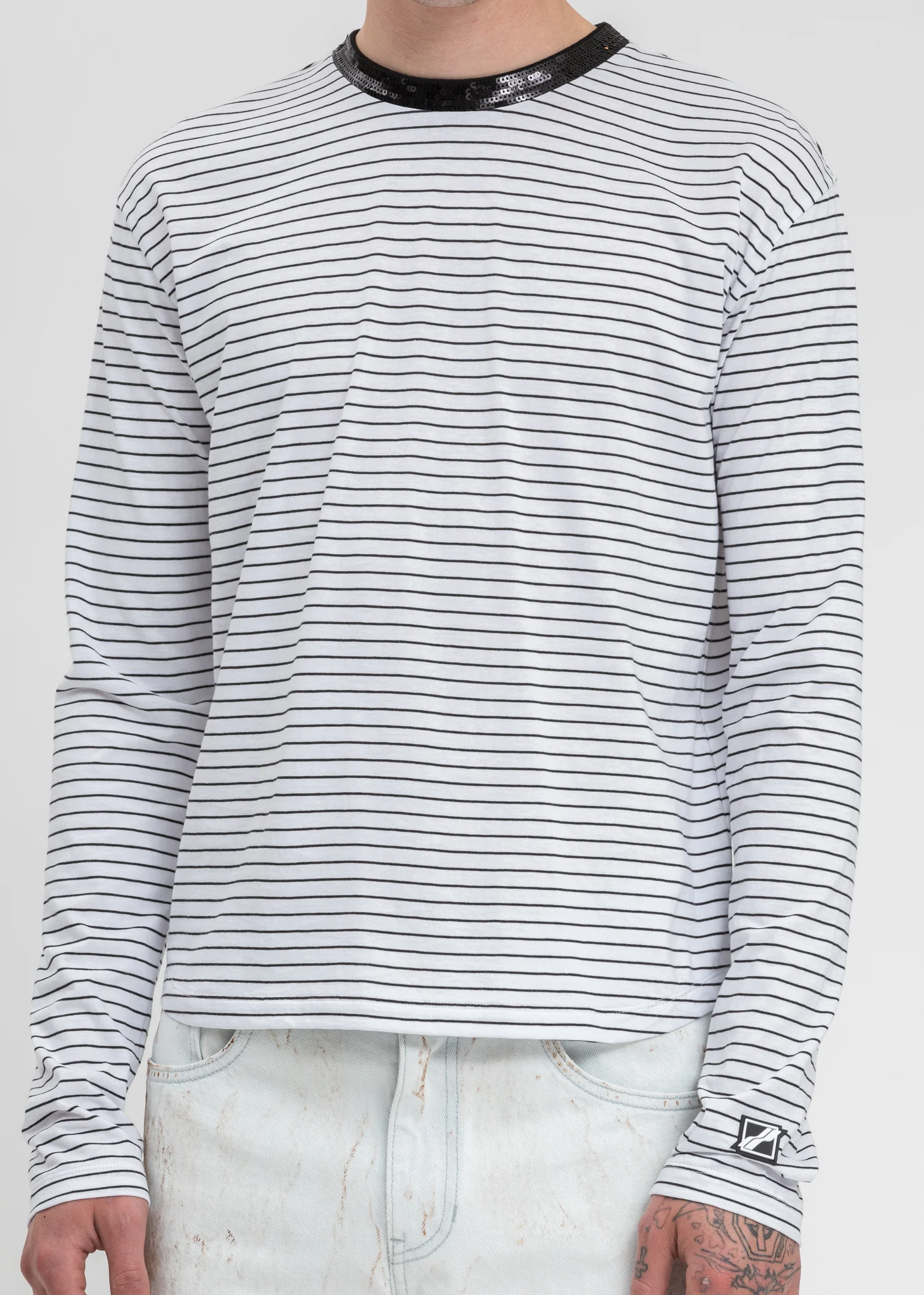 White Sequins Trim Neck Stripe Long Sleeve - Image 2
