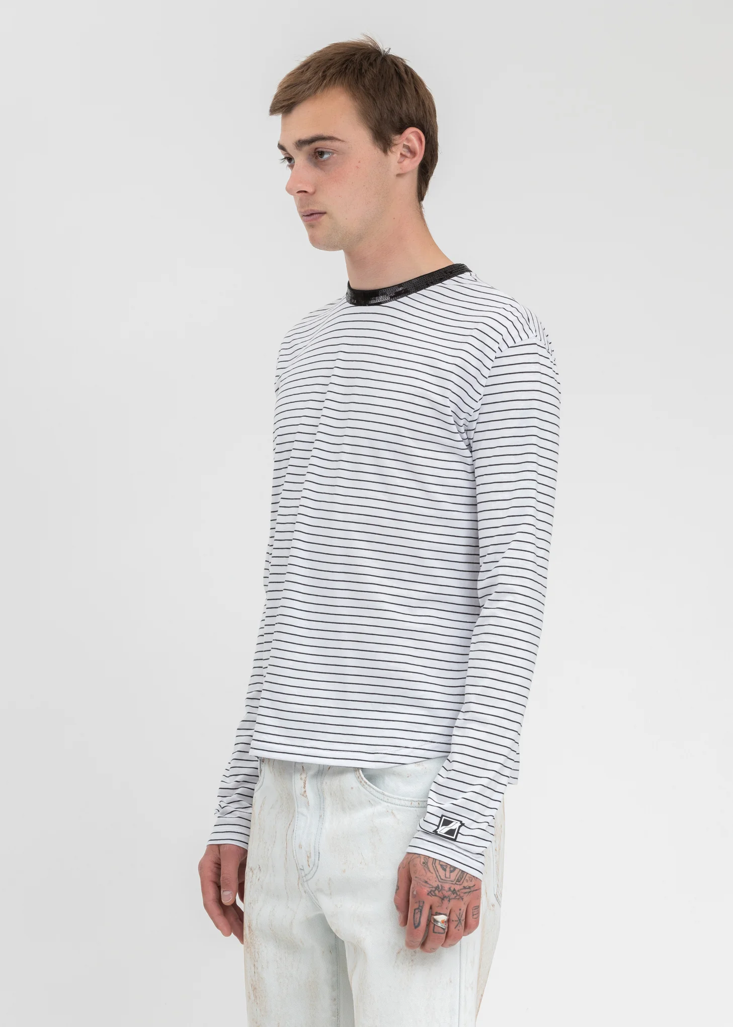 White Sequins Trim Neck Stripe Long Sleeve - Image 3