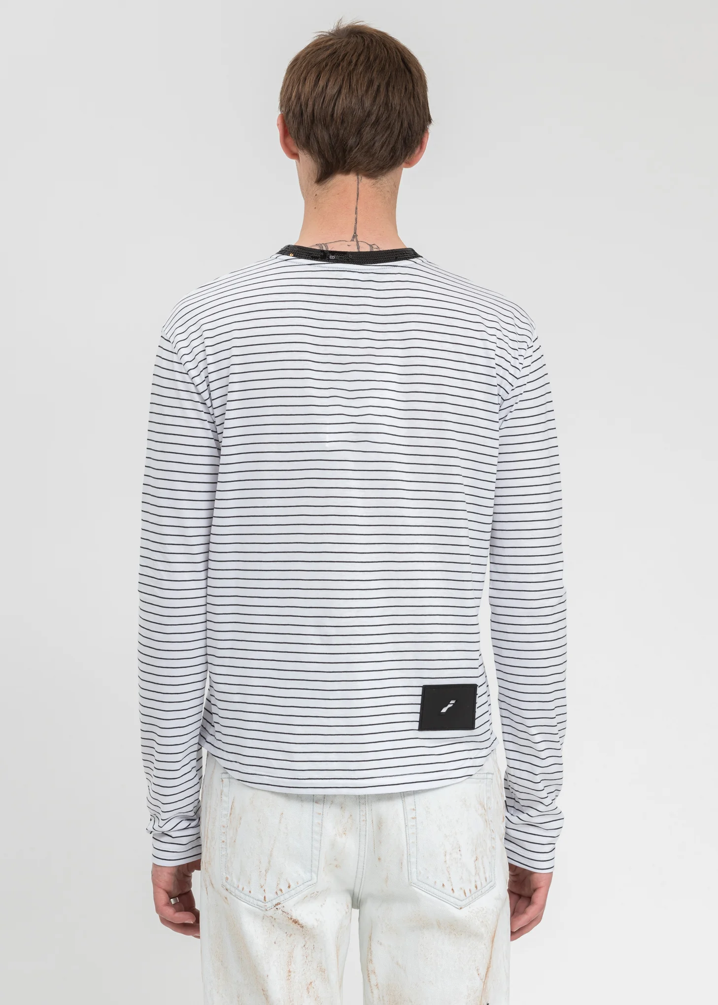 White Sequins Trim Neck Stripe Long Sleeve - Image 4