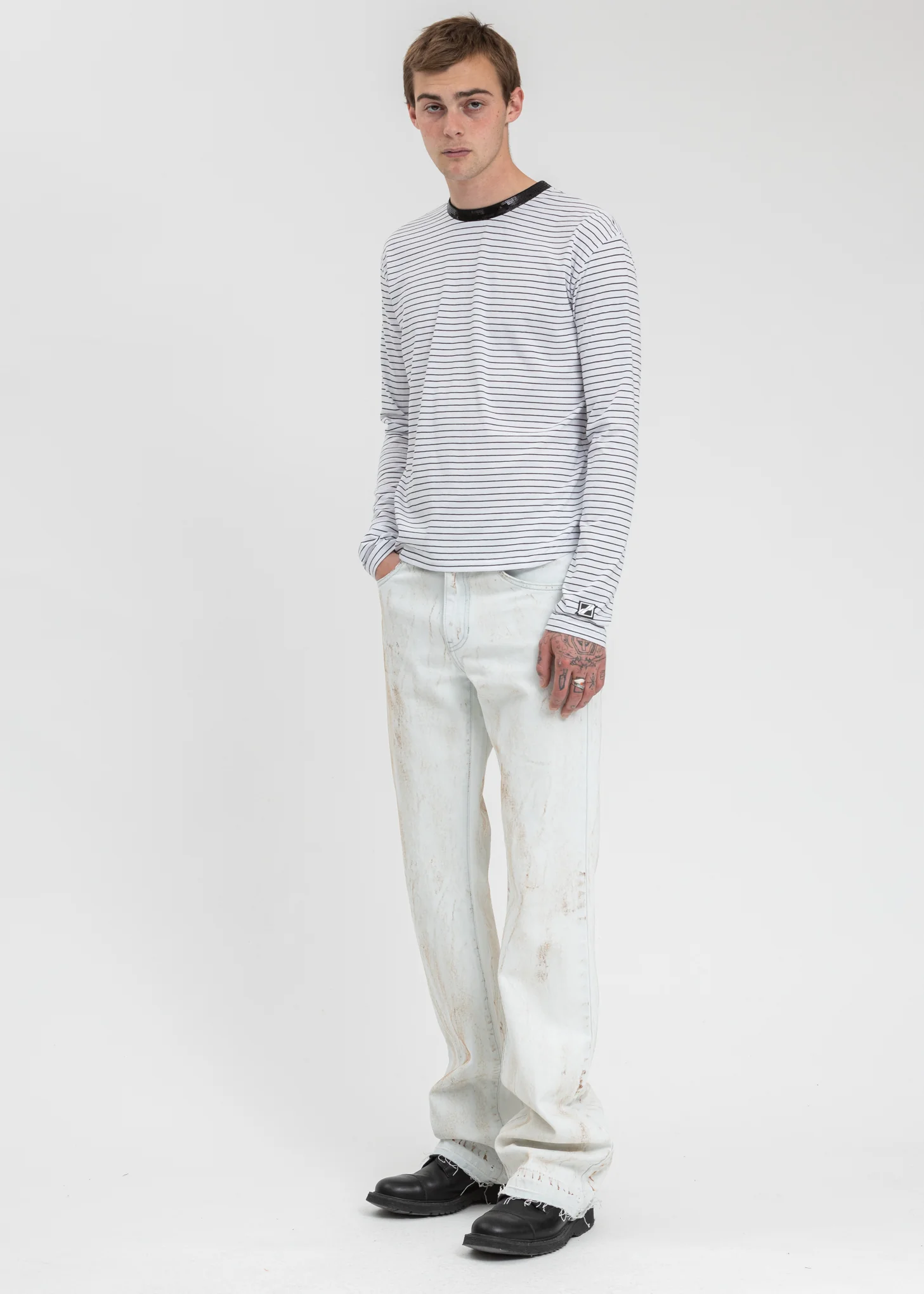White Sequins Trim Neck Stripe Long Sleeve - Image 5